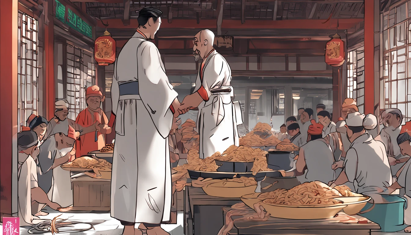 Lanzhou beef noodles,Noodle Man,Noodles humanized,male people,Noodles,strong,Plants in hand,white clothes,Chinese style clothes,excited,Figures,blindbox,8K