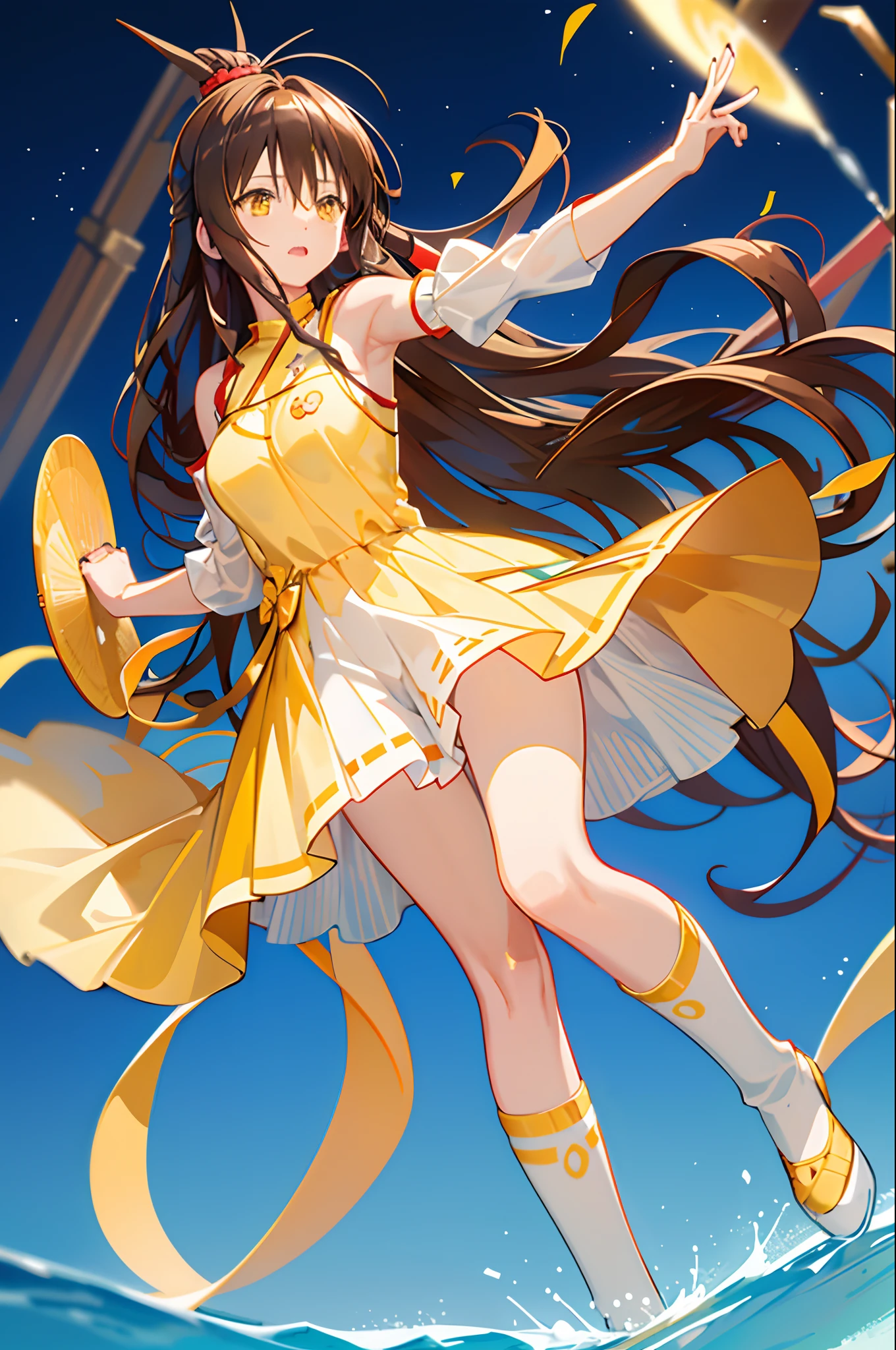 yuuki mikan, brown hair, yellow eyes, hair ornaments, long hair, topknot, wavy hair, medium breast, (), (presenting armpit), (detached sleeves), Knee High Sock