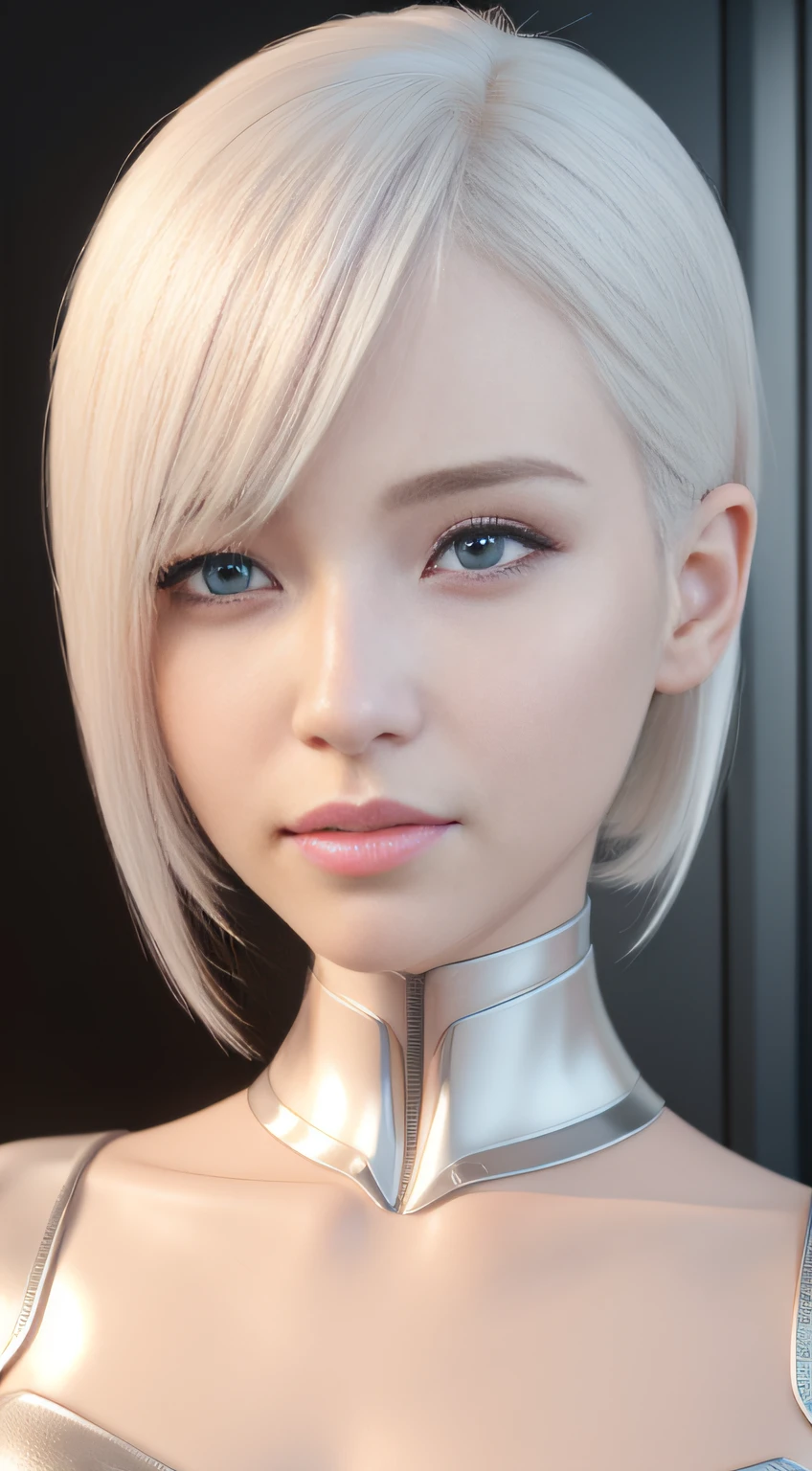 A woman in a pink dress and white hair with short straight hair, 3 D rendering character art 8 K, cyborg - girl with silver hair, beautiful female android!, beautiful female android, perfect android girl, beautiful android woman, smooth digital concept art, smooth 3d cg render,, sci - fi character, Beautiful robot character design，ssmile，largeeyes，The upper part of the body，cute delicate face, Extremely beautiful face, beautiful delicate face, Stunning anime face portrait, beautiful aesthetic face, Detailed beautiful face, girl cute-fine face, Realistic beautiful face, Beautiful realistic face, beautiful and realistic faces, girl with white eyes，Right shoulders，Girl futuristic white and pink shiny metallic silver white long dress