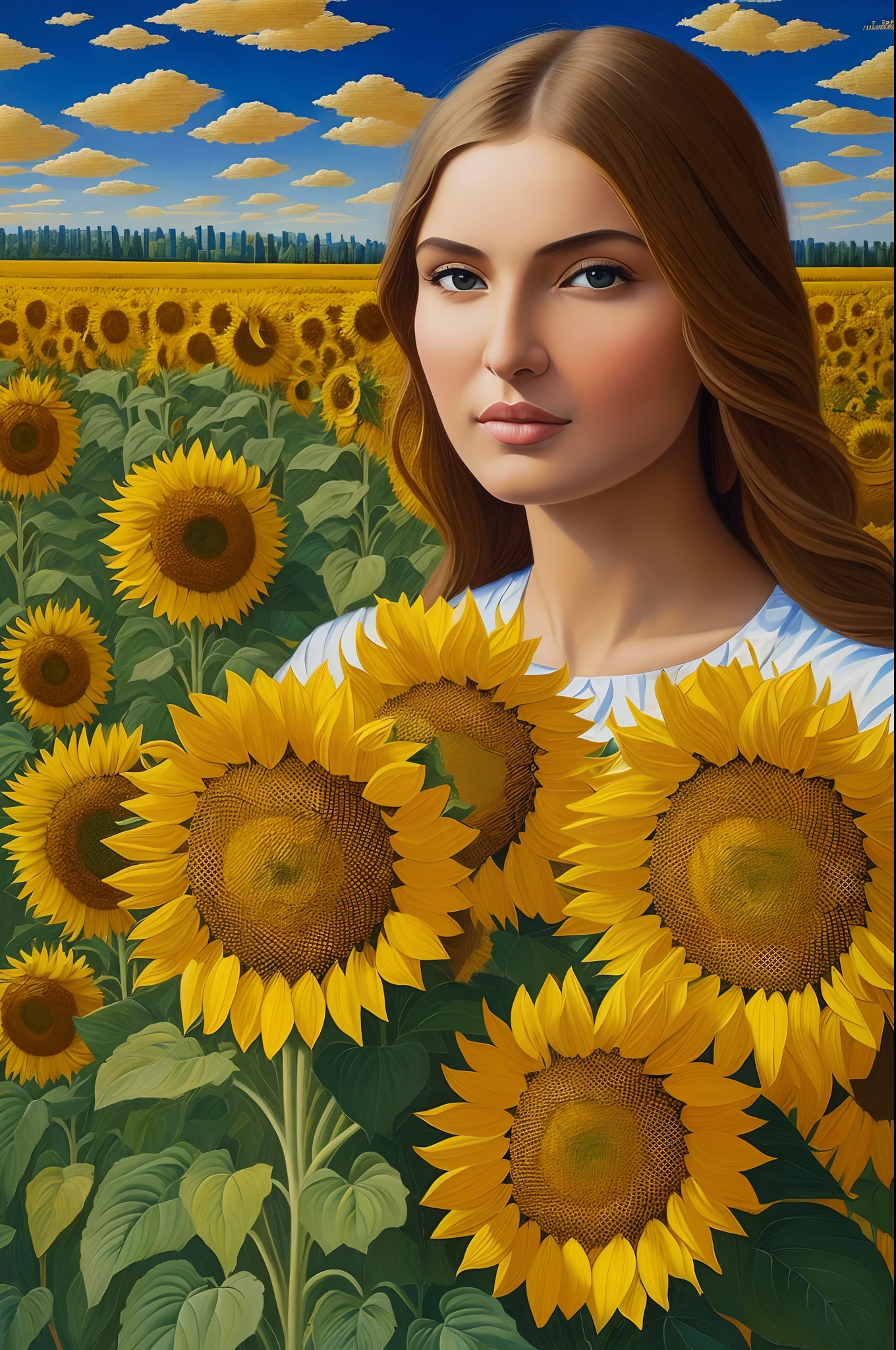Russian beauty, in sunflowers, (artist Andrey-Remnev), ((Best Quality, tmasterpiece)), Extreme detailing, 8K