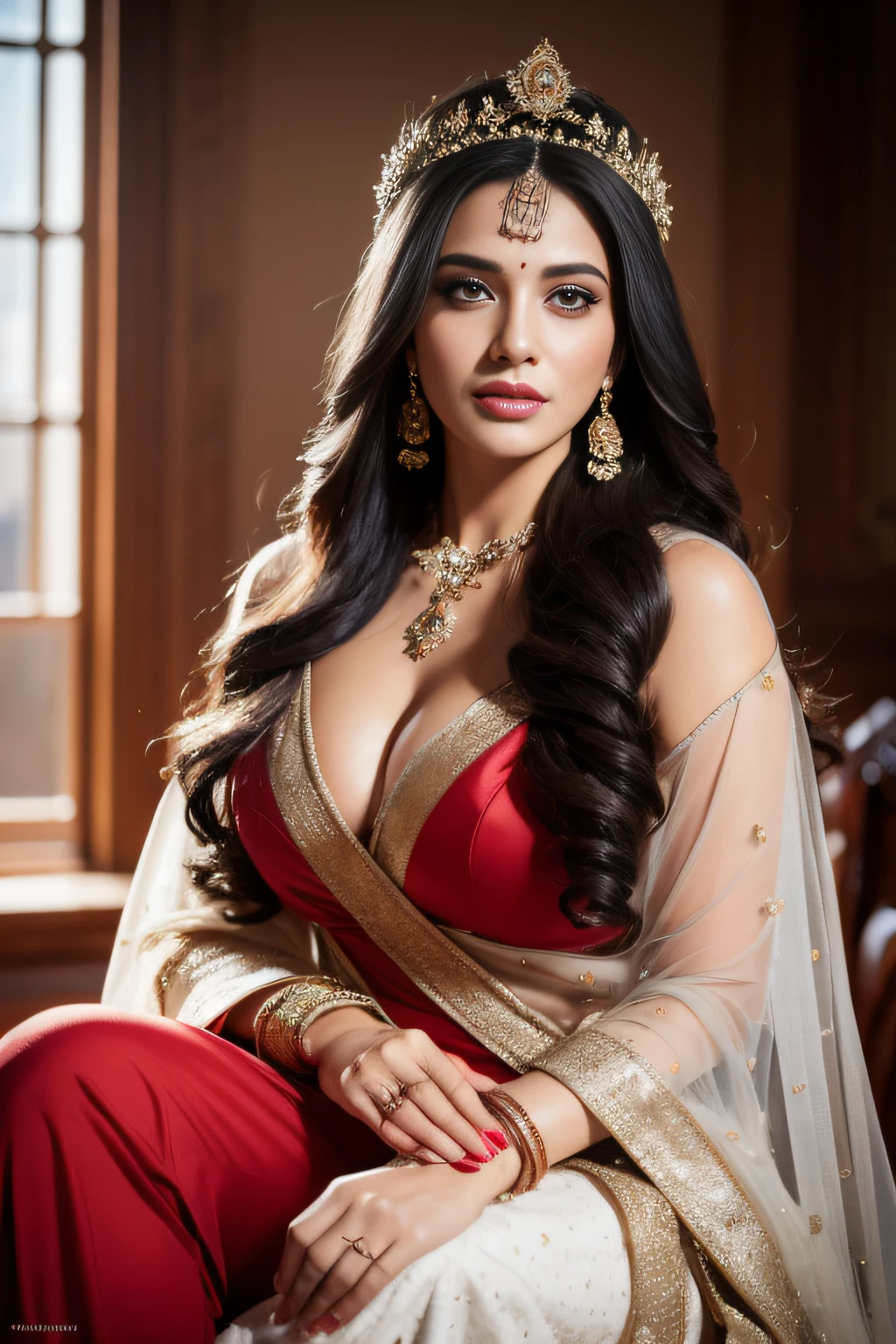 Portrait of A confident-looking indian woman with long flowing hair, hazel eyes, with flowing cape, wearing designer jewellery, a crown on head, visible c-cup breast sitting on boat, palace background, bokeh perfect composition, hyperrealistic, super detailed, 8k, high quality, trending art, trending on artstation, sharp focus, photo shoot, intricate details, highly detailed, art by greg rutkowski