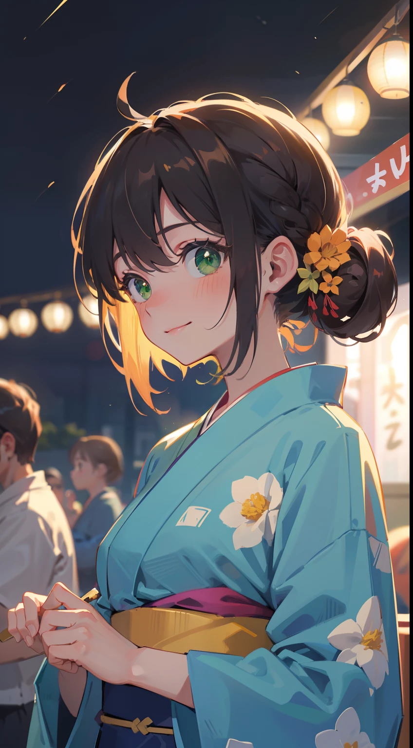 (masterpiece), (best quality), ultra high res, sharp focus, warm pastel tone, ((1 woman, solo)), upper body, medium long shot, MLS, beautiful detailed hair, chestnut brown hair, traditional bun hairstyle, beautiful detailed face, ((beautiful shape eyes, green eyes)), perfect feminine face, colorful yukata, look at the viewer, smiles, comfortable face, in crowds of the japanese summer festival, (at the beautiful night time:1.2)