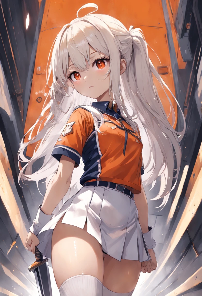 bit girl,Wear orange combat uniforms,White color hair,There is a long knife on the back,In the toilet,looking back at the camera,Very shy,Drawn by Mai Yoneyama,Lift up your short skirt