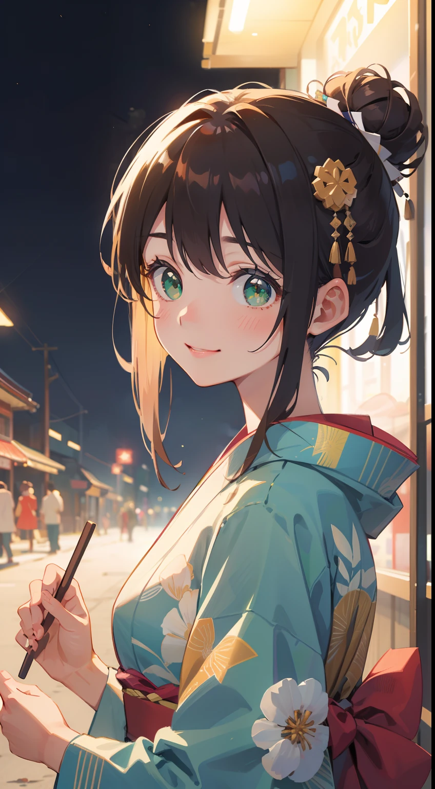 (masterpiece), (best quality), ultra high res, sharp focus, warm pastel tone, ((1 woman, solo)), upper body, medium long shot, MLS, beautiful detailed hair, chestnut brown hair, traditional bun hairstyle, beautiful detailed face, ((beautiful shape eyes, green eyes)), perfect feminine face, colorful yukata, look at the viewer, smiles, comfortable face, in crowds of the japanese summer festival, (at the beautiful night time:1.2)