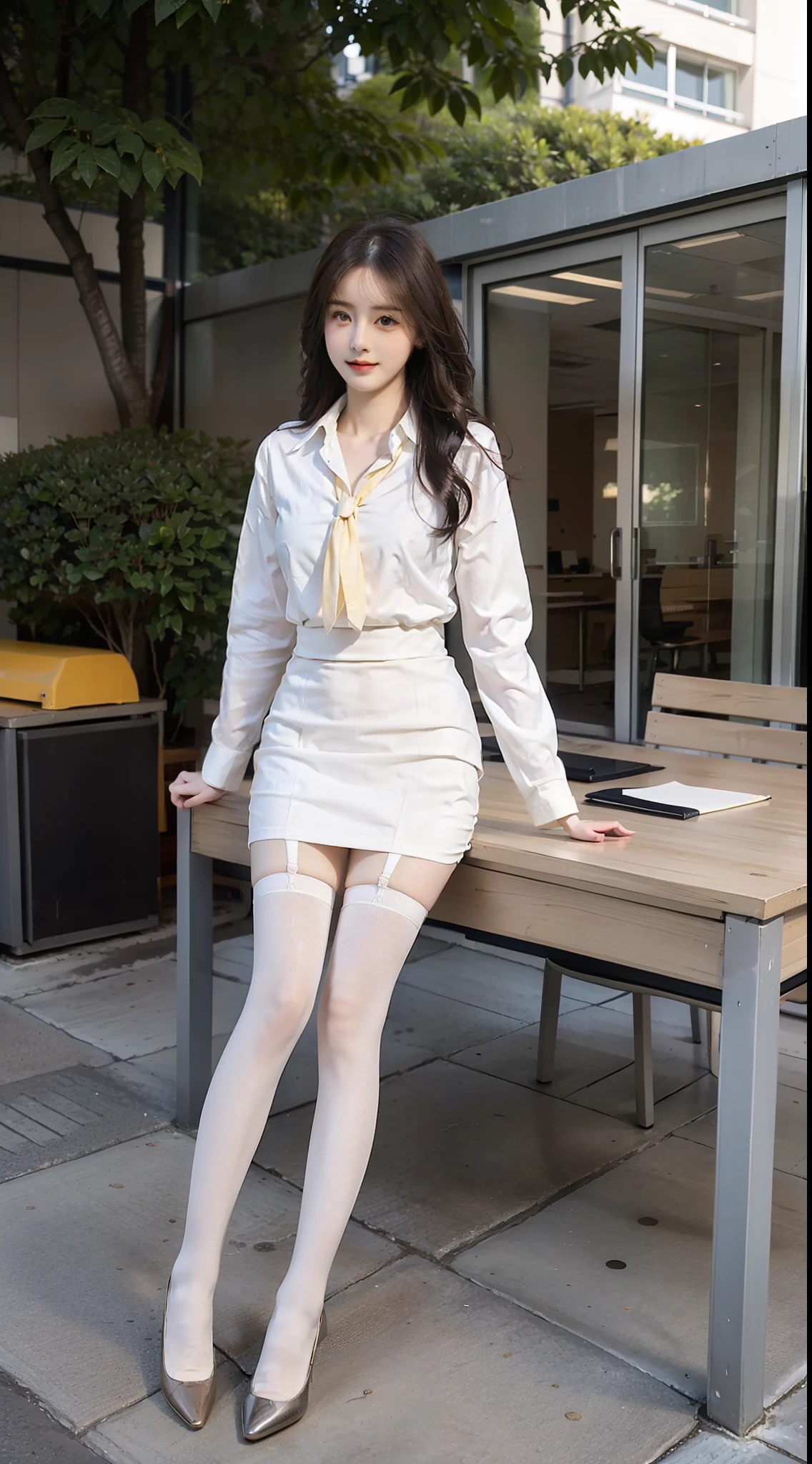 best qualtiy, Full body like,Refined face,pretty face,25 years old woman,slimfigure,Smaller bust,office lady uniform,Office wear,white stockings,Outdoor scene,yellow long hair