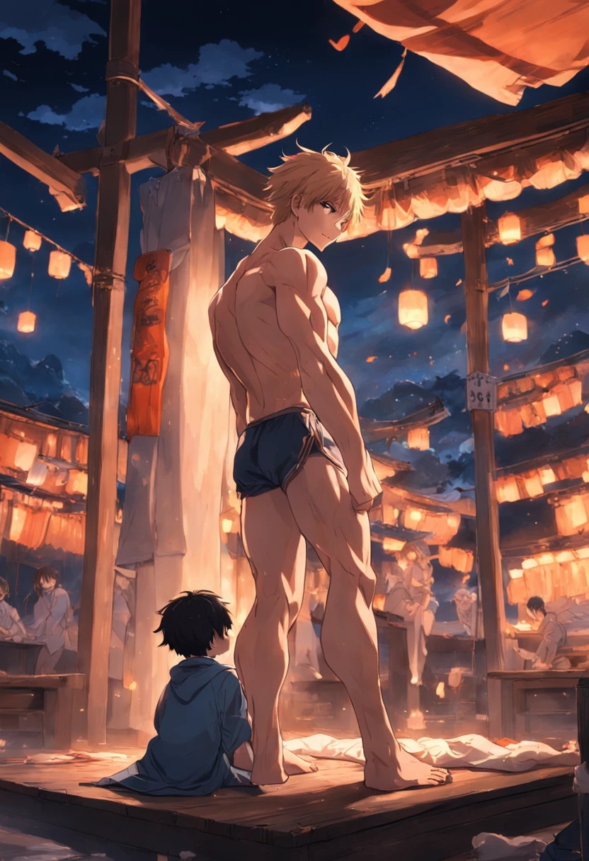 One boy is pressed to the bed by another boy，with fair skin，wearing underpants，Shirtless