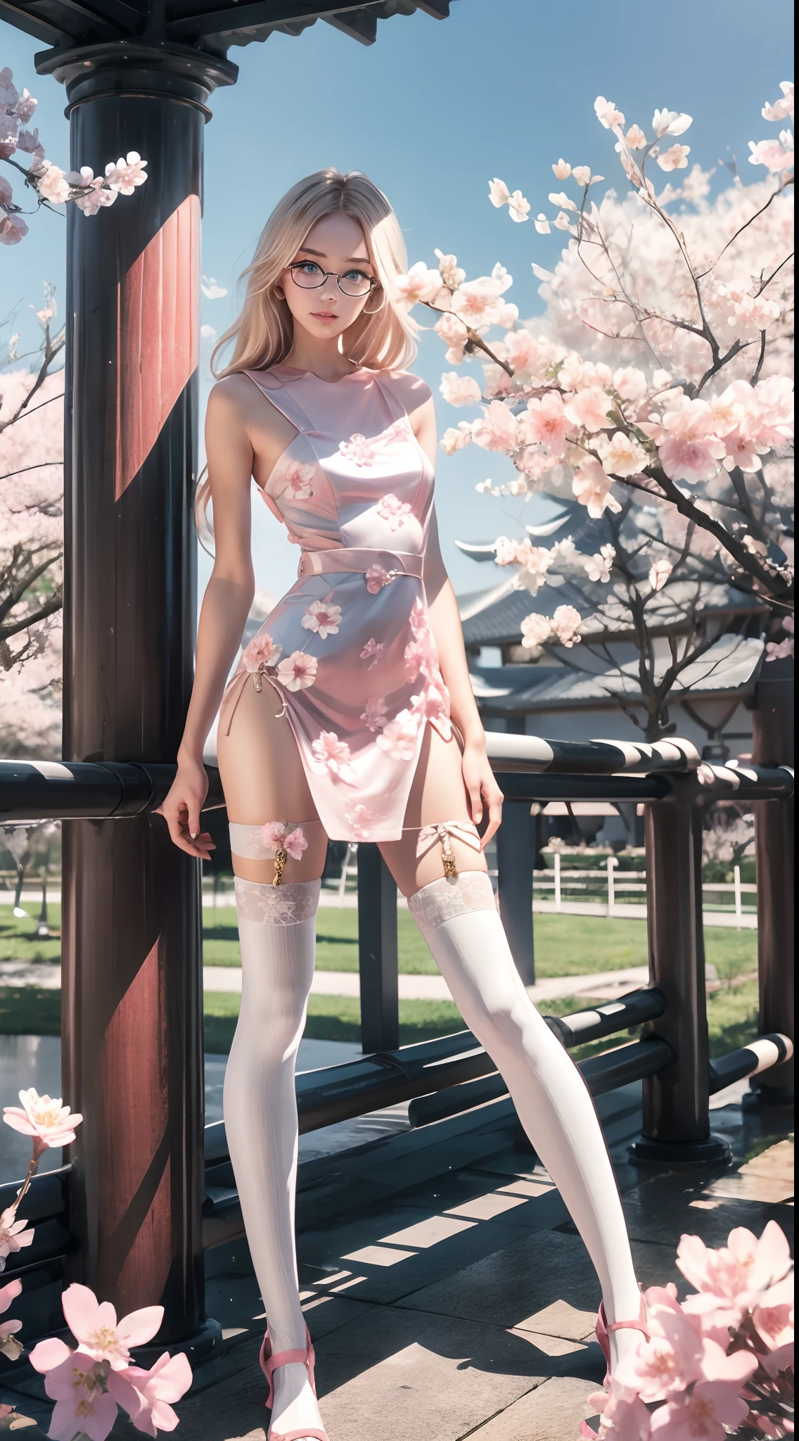 (Long blonde hair+Small pink flowers:1.3+Big red and blue eyes+Heterochromia+gold-wire glasses:1.2+Intellectual beauty:1.1),under a sakura tree,Sideslit,lace legwear