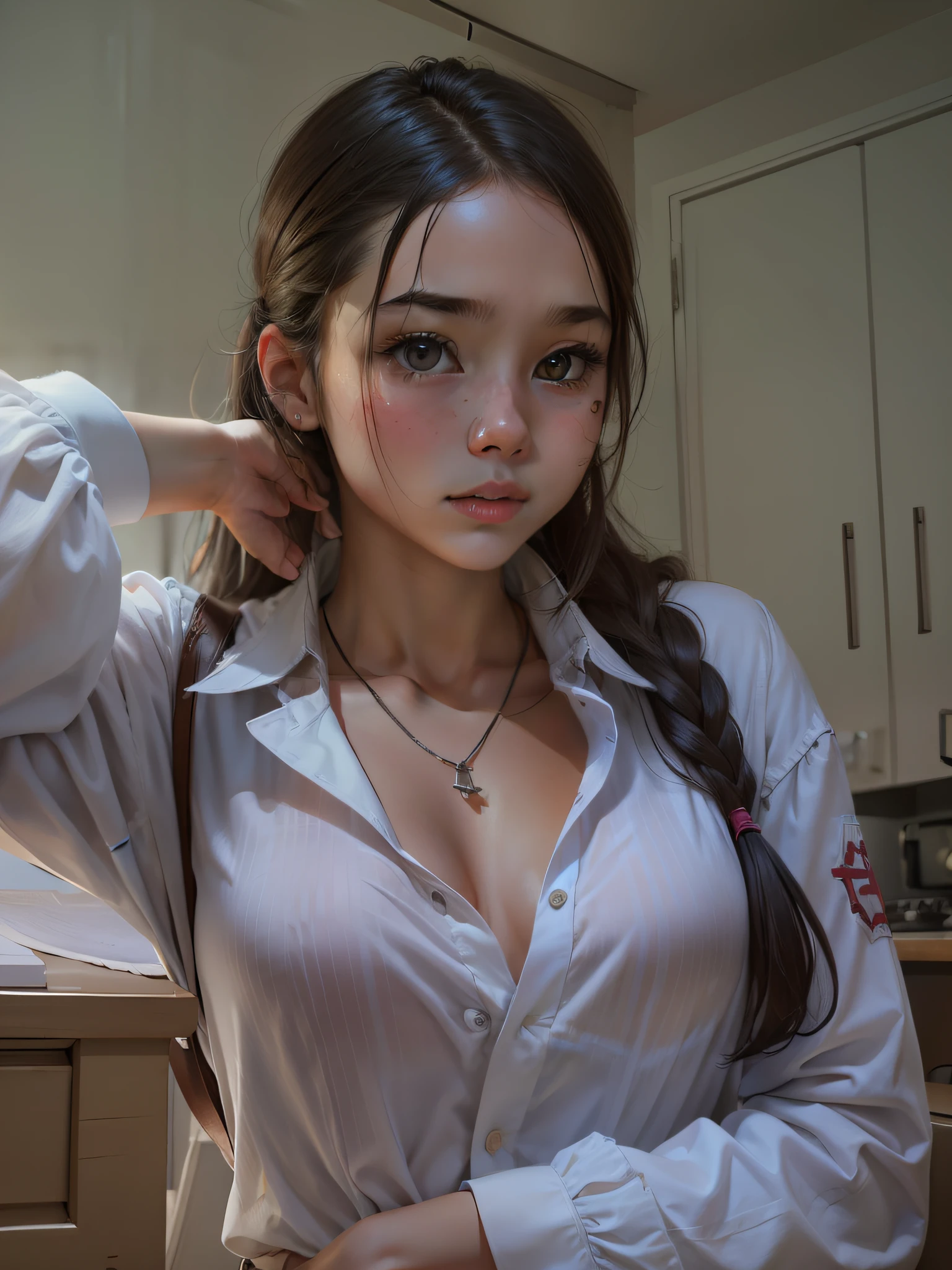 (((HD photo))), ultra high res.photorealistic:. 1.4, UHD, masterpiece, trending on artstation, portrait, 1girl, pretty, cute face, most beautiful in the world, closeup of her face and cleavage, (handjob, penis):1.4, soft, delicate, (long red hair), large sagging breasts, perfect figure, (wearing tight black sports bra), medical fetish, BREAK, (white doctors coat), stethoscope, examination, sunkissed, hospital ward background, 