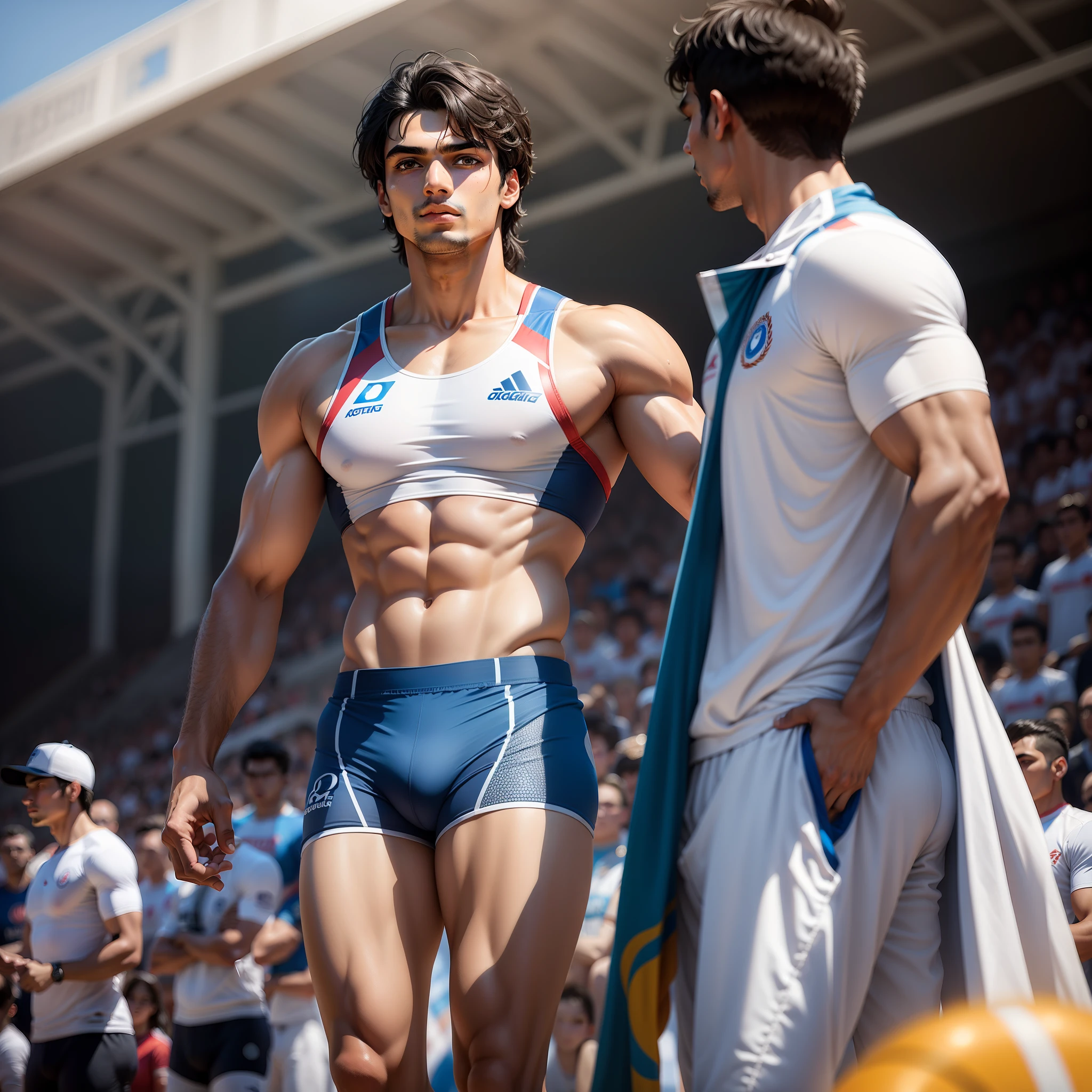 Illustrate the awe-inspiring sight of young athletes gazing at Neeraj Chopra's image, dreaming to follow his footsteps, their aspirations fueled by his monumental victory.