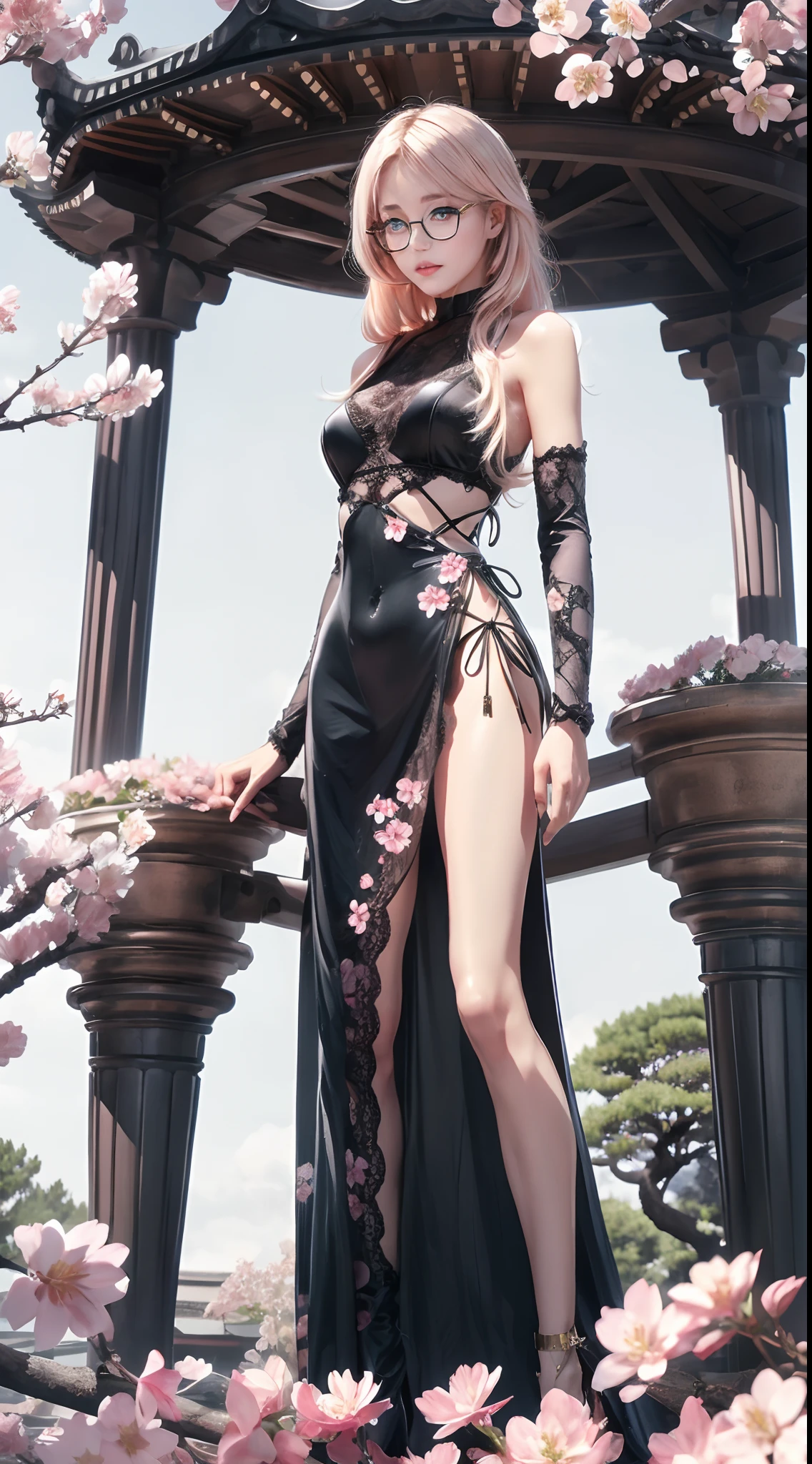 （Long blonde hair+Small pink flowers:1.3+Big red and blue eyes+Heterochromia+gold-wire glasses:1.2+Intellectual beauty:1.1)，under a sakura tree，Sideslit，lace legwear