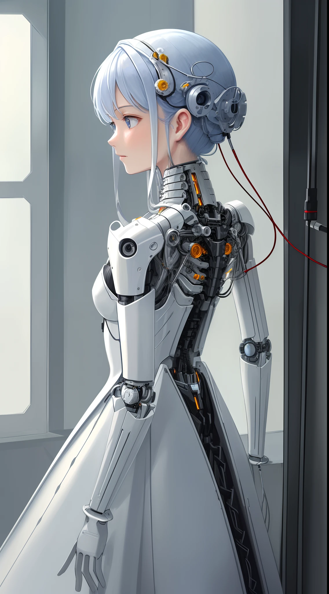 ((masutepiece)), ((top-quality), high quarity、ultra-definition, (Realistic),  ((well proportioned face))、fulcolor 、(scientific fiction)、(独奏)、Beautiful robot woman、Repaired emotionless combat robot、(Perfect robot joint)、(Detailed electronic board:1.2)、(Machine frame)、(Restoration of white porcelain mechanical armor)、(Oval curvaceous face)、(machine components:1.2)、(Almond-shaped eyes without emotion)、thin mouth、deadpan、(Perfect mechanical two-handed:1.4)、((Cyber City during the day))、Perfect robot legs、(lying on floor)、high-heels、Shooting from above、laying on back