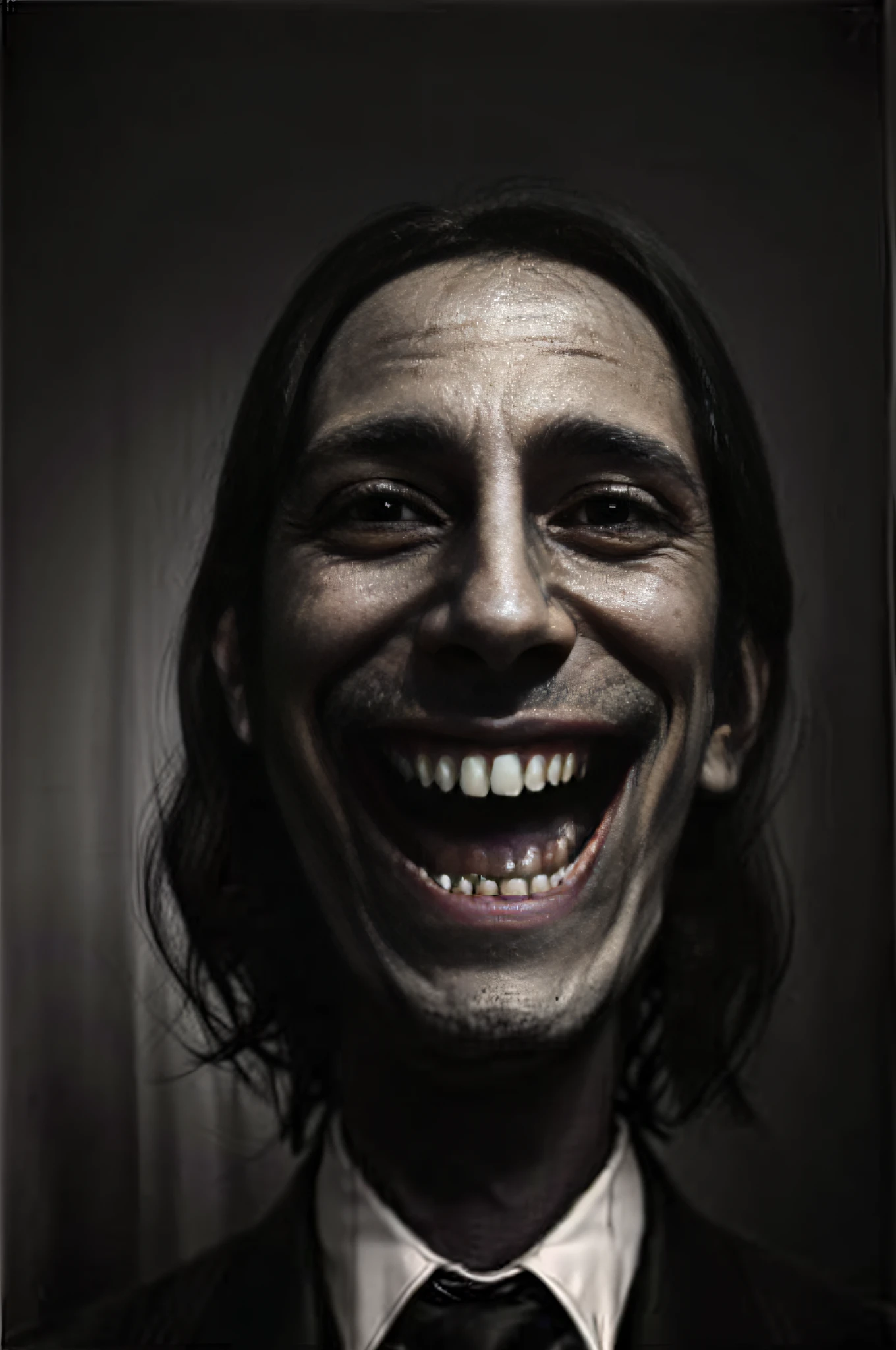 "A haunting artwork depicting an eerie man wearing a twisted smile."