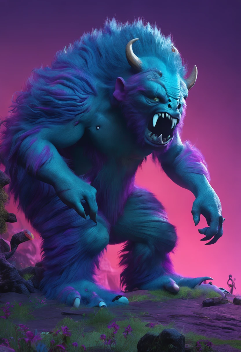 Monster Corporation Mike Vazovsky,Funny monster horde,large green eyes,Blue cheeks,Purple spots,Furry blue fur,Pointed teeth,Close to the actual shooting effect。