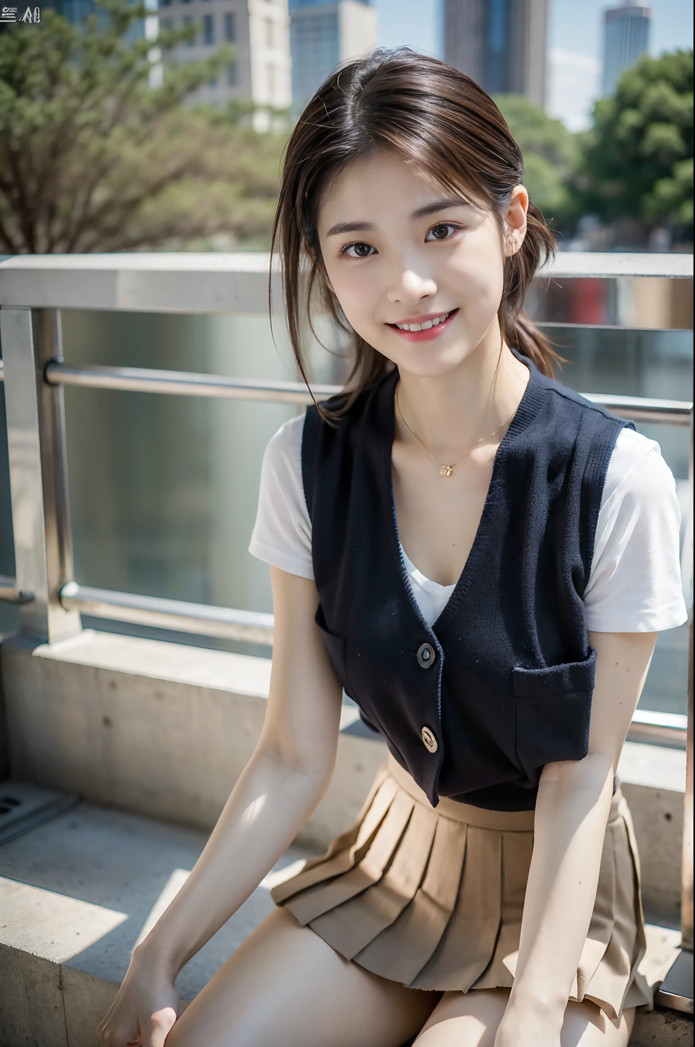 (Highest image quality, Highest image quality, hyper HD), (RAW photo, Realism 1.4), (Flat chest), Fine skin, Fine face, Cute, AKB girls, Girl in her 20s, Small breasts, Perfect skin, thighs thighs thighs thighs, Medium hair, Perfect, Brown hair, Brown eyes, Whole body, Sit on the steps of the pedestrian bridge、hugging own legs、I can see panties.、((vests)), ((Ultra-mini pleated skirt))、panties on、Bright sunlight, Smile