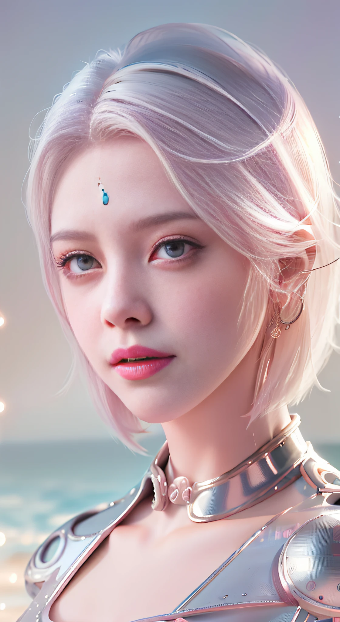 One in a pink dress，white color hair，Woman with short straight hair, 3 D rendering character art 8 K, cyborg - girl with silver hair, beautiful female android!, beautiful female android, perfect android girl, beautiful android woman, smooth digital concept art, smooth 3d cg render,, sci - fi character, Beautiful robot character design，ssmile，largeeyes，The upper part of the body，cute delicate face, Extremely beautiful face, beautiful delicate face, Stunning anime face portrait, beautiful aesthetic face, Detailed beautiful face, girl cute-fine face, Realistic beautiful face, Beautiful realistic face, beautiful and realistic faces, girl with white eyes，Right shoulders，Blue has God's eyes，Ultra-delicate smooth skin，Asian face shape