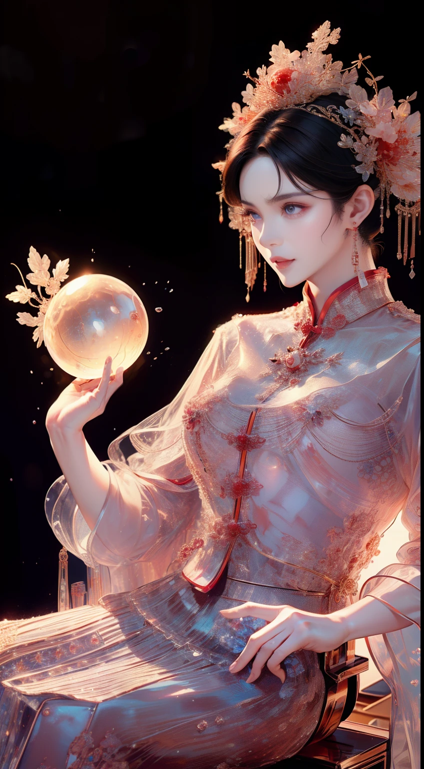 tmasterpiece，Highest high resolution，((magic orb))，Dynamic bust of beautiful Chinese princess，the bride，Jet black hair is elegantly coiled，（(Wearing a huge red crown))，veils，Purple clear eyes，The hair is covered with beautiful and delicate floral craftsmanship, Crystal jewelry filigree，Ultra-detailed details，upscaled。