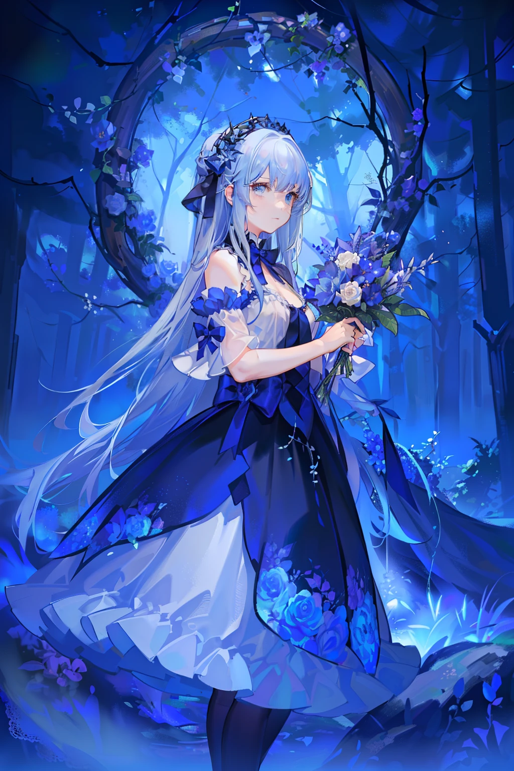 an enchanted forest,Maiden among flowers,Blue flower,the night,Gloomy environment,blue tint,darkly