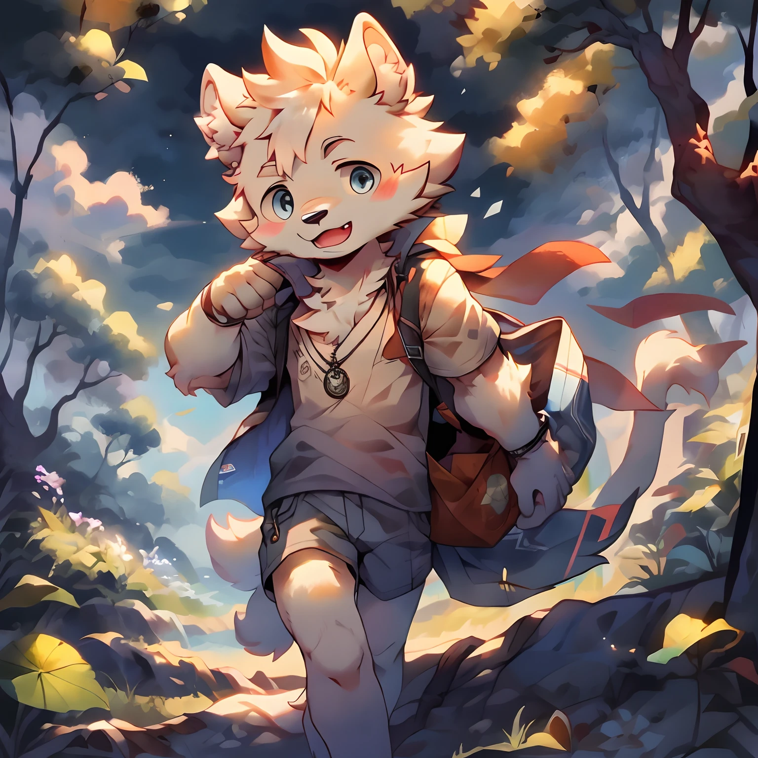 The coat color of wolves is light blue,The time is early in the morning,A pocket watch hangs on his chest,Hairy chest