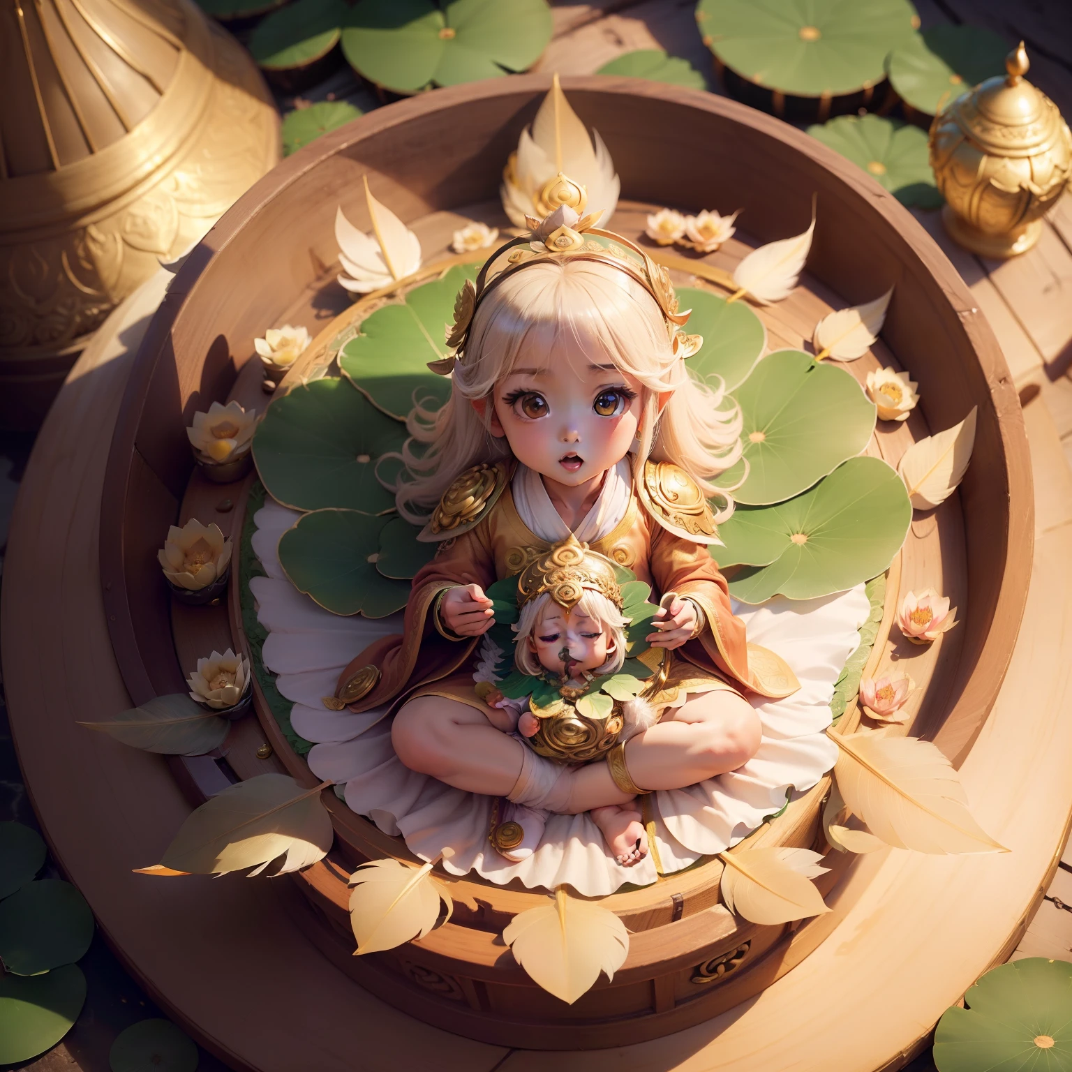 Cute Baby Chibi Anime,(Heavenly daughter:1.8), (lotuses:1.2), (Feather robes:1.3), (Uttara monk's vestments:1.4),Sit in a detailed jewelry box,Royal Botanic Gardens
