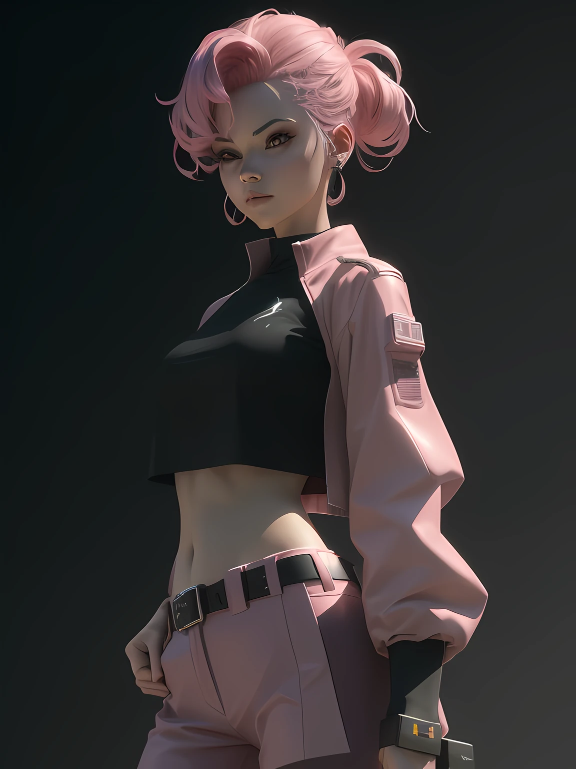 up front view, delicate colorful 3D model of anime girl,1girl, belt, blurry, crop_top, earrings, hair_between_eyes, jacket, jewelry, looking_at_viewer, midriff, navel, pink_hair, realistic, solo, fantasy model, realistic, sharp details, intricate details, ultra-realistic,digitally enhanced,3d reference , 8k resolution, unapologetic grit, overexposure,sharp focus , UHD, 8K <lora:a_fantasy_color_LORA:0.3> <lora:epiNoiseoffset_v2:0.6>