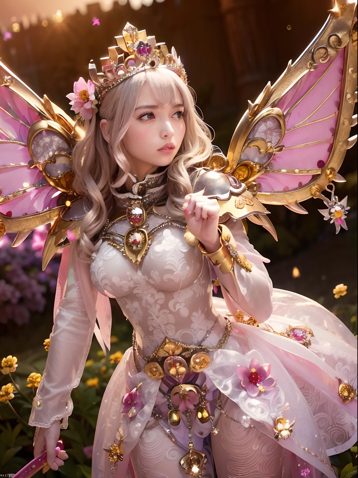 (Fairy of Light), Professional , masterpiece、top-quality、photos realistic , depth of fields (Gemstone Flower Metal Body:1.4),(Matte Silver Pink、Jewel Gold Weapon、(Gorgeous castle background)、(ultimate beauty girl)、(Flower rainbow fairy wings grow)、(Jewel Flower Metal Body:1.9),Gorgeous Jewel Metal Weapons , Detailed Sword of the Brave ,( a blond) ,warhammer 40k ,((Floral Micro Bikini))、Particles of light、(Beautiful flower garden background)、 Mystical expression,Detail and ornate flower jewel crown、独奏、Brown hair、(Gangle's forest background)、Beautiful Caucasian beauty、1a person、dynamic ungle,(((Diamond tiara with detail and luxury)))、a small face、Powerful poses、(Gorgeous castle background)、huge filesize、20 year old beautiful woman、Thin female fingers、Straight long hair、Beautiful Caucasian beauty、Valley、Fairy of Light、Particles of light、