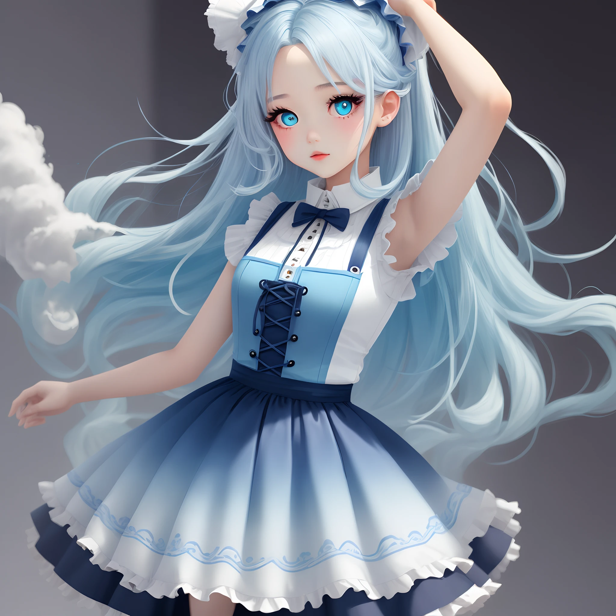 A girl with long powder blue gradient hair and powder blue gradient pupils,Wearing a blue and white Lolita skirt