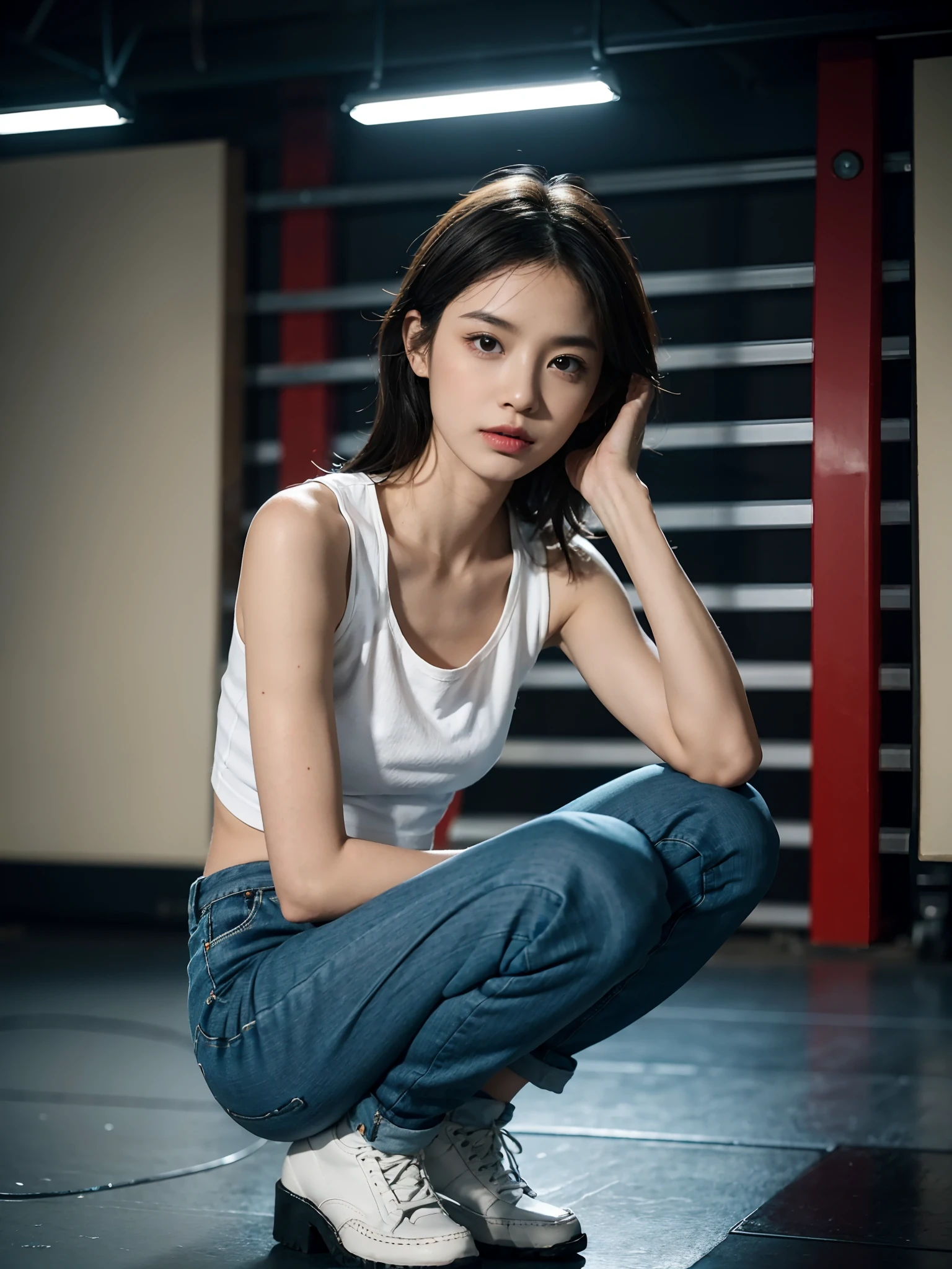 ((smallunderboob,Tomboyish,small heads)), (Well-defined abs: 1.1), (perfect bodies: 1.1), (short-length straighthair: 1.2), Black hair, upper body photos, attractive collarbone，nabel，（极其细致的CG 8k壁纸），（Extremely refined and beautiful），（tmasterpiece），（best qualtiy：1.0），（超高分辨率：1.0），beautiful light up，Perfect lightning，realistic shaded，[A high resolution]，Smooth and flawless fair skin，ultra - detailed ，Elongated legs，flatchest，Slim，emaciated，Female repairman，In the hangar of the fighter，during night，Dim light，A fighter，Under the wing of the fighter，Next to the landing gear，Next to the tires，Squat，Wear dirty white gloves on both hands，With a long screwdriver in his hand，Repair work is underway，Ocean blue cloth jacket，Blue and white horizontal striped vest，Ocean blue trousers，Black cloth shoes
