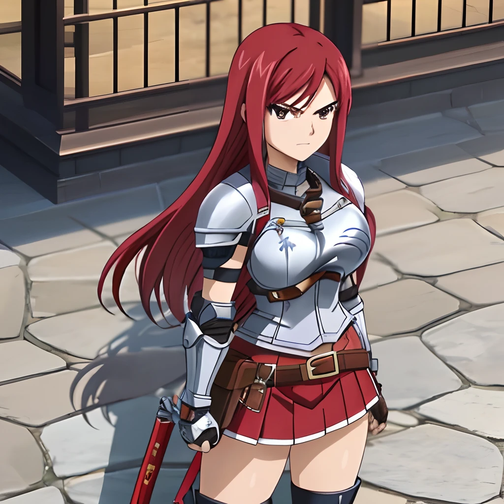 1girl, solo, erza scarlet, fairy tail, red hair, brown eyes, long hair, looking at viewer, serious, closed mouth, fullbody shot, sidelocks, armored dress, breast, breastplate, large breast, cuirass, elbow pad on both arms, gauntlet on both arms, miniskirt, blue miniskirt, thick thighs, boots, knight boots, standing, legs apart