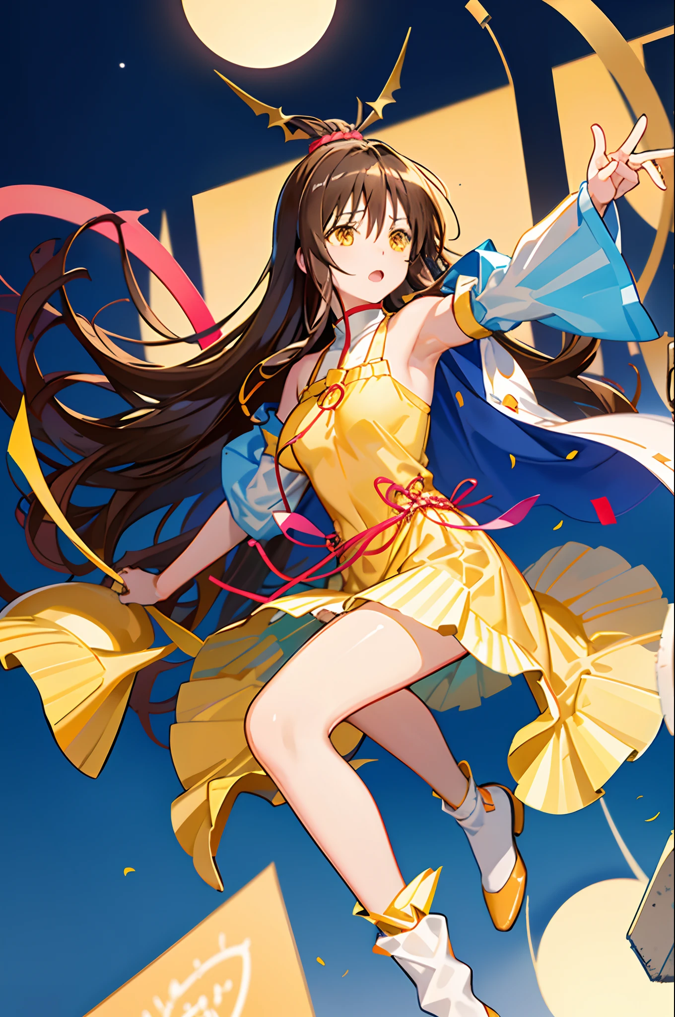 yuuki mikan, brown hair, yellow eyes, hair ornaments, long hair, topknot, wavy hair, medium breast, (), (presenting armpit), (detached sleeves), Knee High Sock