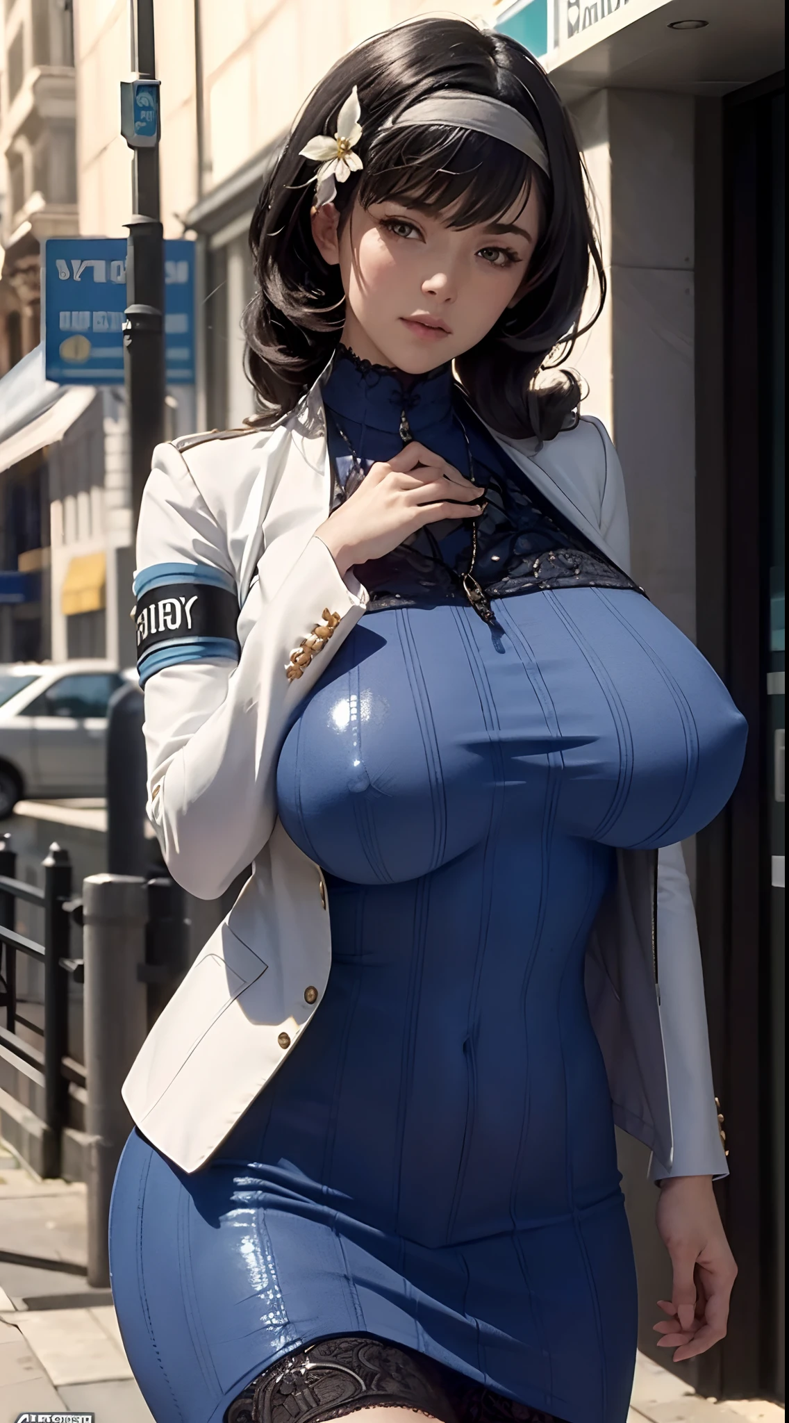 (((beautiful))),mary,blue sweater, white jacket, cropped jacket, long sleeves, open clothes, ribbed sweater, armband, huge breasts,(((shiny skin))), ((intricate details)), hdr, ((intricate details, hyperdetailed)), cinematic shot, walkin in the street, vignette, ((art by alphonso mucha))