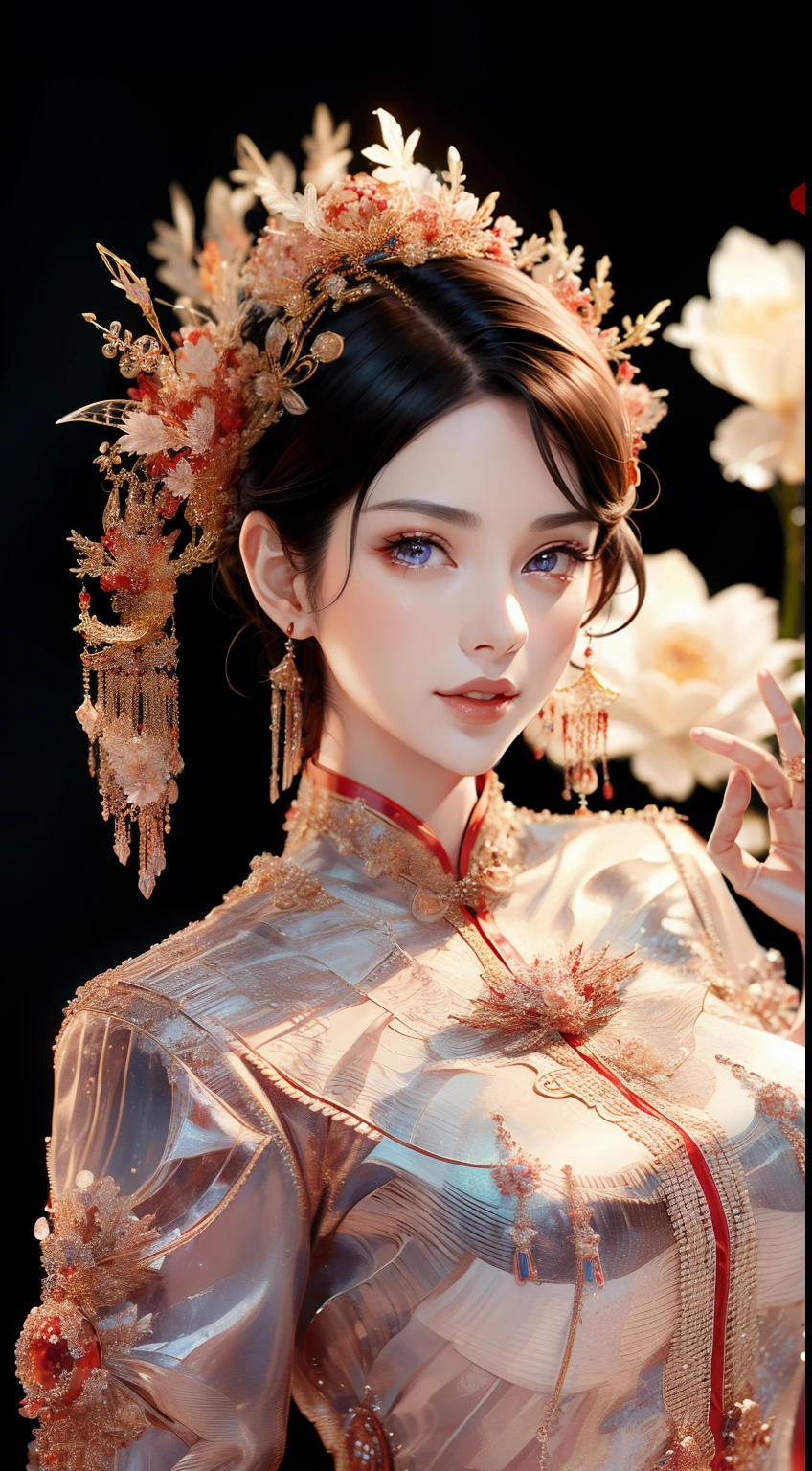 tmasterpiece，Highest high resolution，Dynamic bust of beautiful Chinese princess，the bride，Jet black hair is elegantly coiled，（(Wearing a huge red crown))，veils，Purple clear eyes，The hair is covered with beautiful and delicate floral craftsmanship, Crystal jewelry filigree，Ultra-detailed details，upscaled。