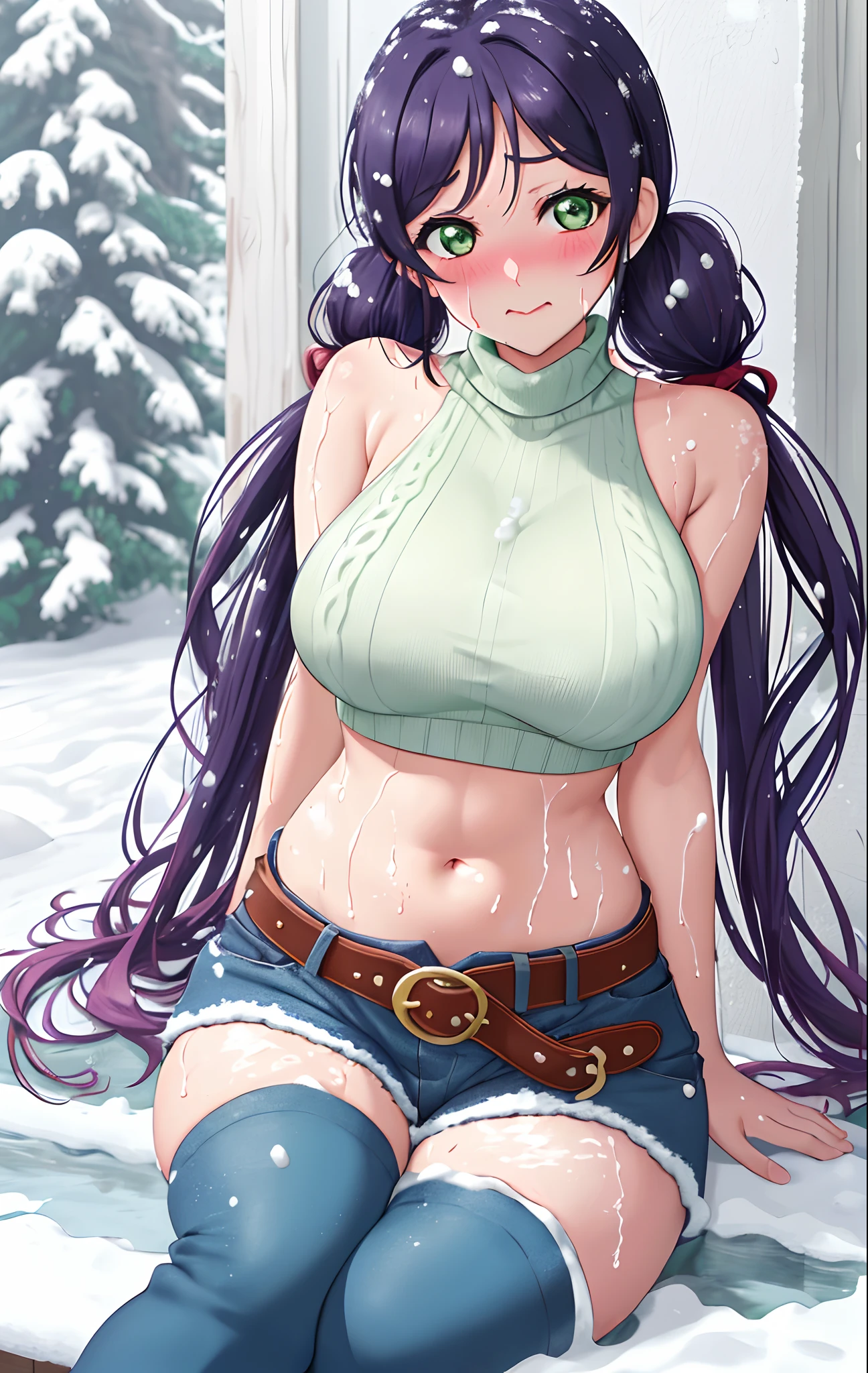 Toujo nozomi, green eyes, low twintails, sweater, sleeveless,midriff,(sexy navel),red moist navel,denim pants,belt, hips, llchar,big breasts, outdoors, arms behind,snow, (blushing:1.3), sitting,spread legs,thicc abdomen, (body soaked in snow:1.3)