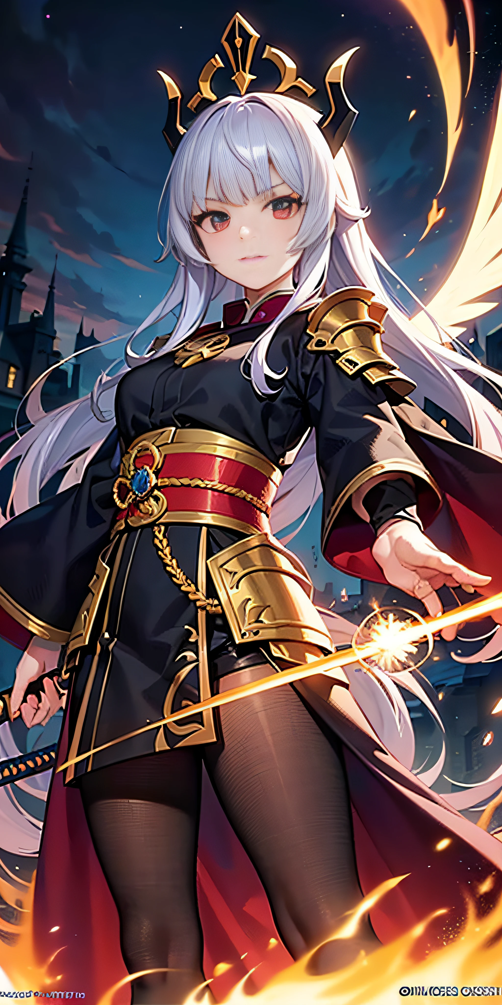 Anime figure,Dark villain,Beauty side face,Long hair flying,(gold
Colorful headdress),Two age girls back to back,(Simple head
helmet)Spark ashes burn,The samurai held a sword,Wear contrasting armor,The whole picture of the witch and the witch skeleton,(standing full-body),((Faraway view)),(HD8K),ultra-wide-angle,The background is gorgeous,the original god,demon anime girl,Angel anime girl,fantasy paladin man,Dragon Knight,Spread your black feathered wings,Mobile Genshin Influence,Anime 8K,Anime fantasy insertion,Genshin Impact,Tough and cold character,Detailed key anime art,Ayaka Genshin impact,onmyoji portrait,Close-up of shooting random weapons,Comic book epic artwork,Epic fantasy digital art style,Epic fantasy art style,8K high quality detailed art,Epic fantasy art style HD,Faraway view,Behind him,This is a golden glowing magic array。,Purify the flame,HD anime visuals,full portrait of magical knight