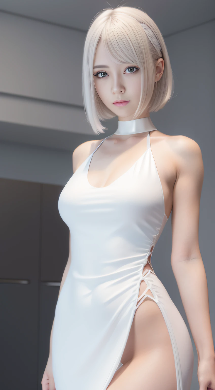 One in a pink dress,White color hair,Woman with straight hair and short hair, 3 D rendering character art 8 K, cyborg - girl with silver hair, beautiful female android!, beautiful female android, perfect android girl, beautiful android woman, smooth digital concept art, smooth 3d cg render,, sci - fi character, Beautiful robot character design,ssmile,largeeyes,The upper part of the body,cute delicate face, Extremely beautiful face, beautiful delicate face, Stunning anime face portrait, beautiful aesthetic face, Detailed beautiful face, girl cute-fine face, Realistic beautiful face, Beautiful realistic face, beautiful and realistic faces, girl with white eyes,Right shoulders,Blue has God's eyes,Ultra-delicate smooth skin,Asian face shape,Girl futuristic white and pink shiny metallic silver white long dress,sense of science and technology