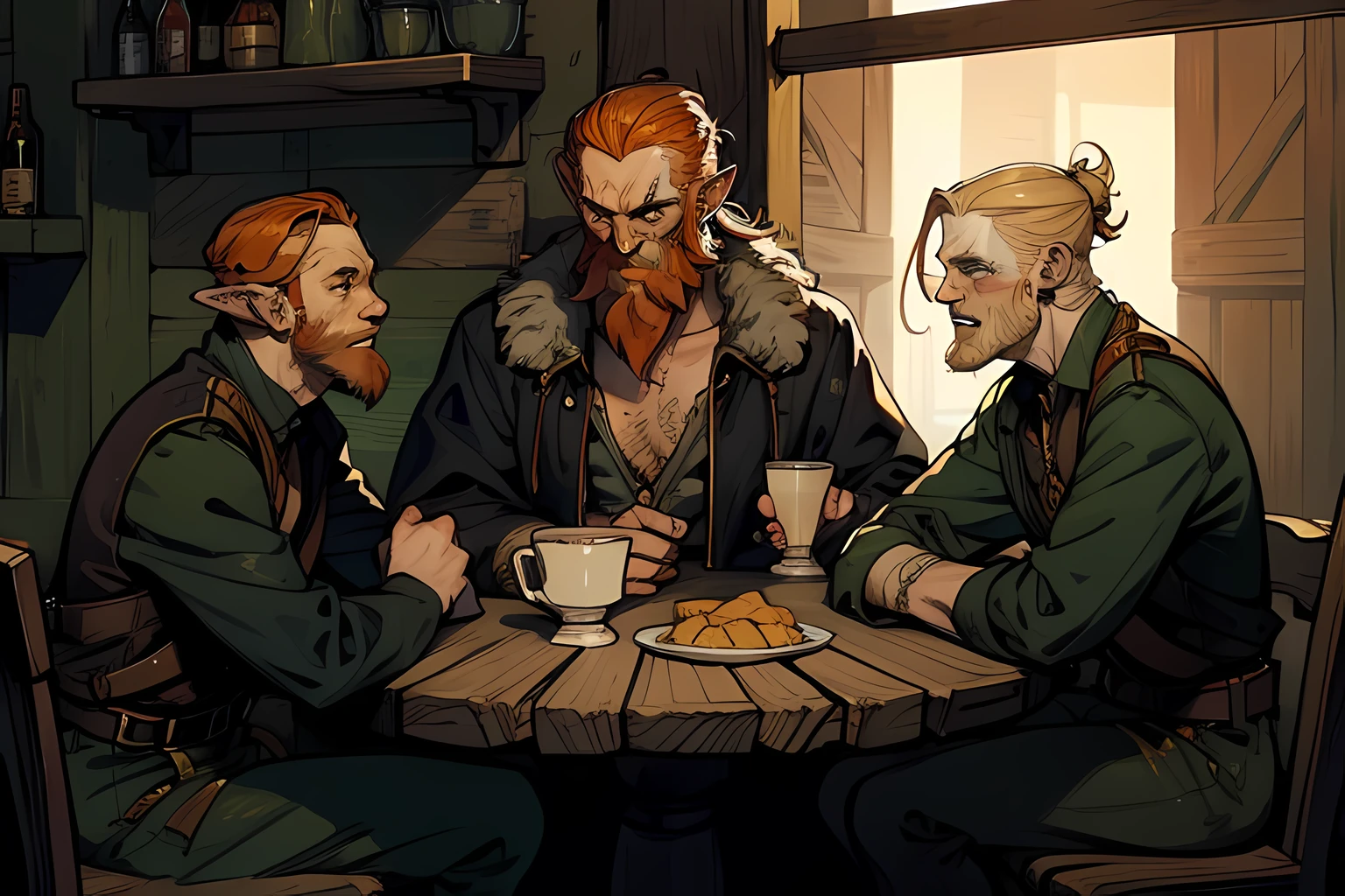 Three, ginger elven men, drinking in a tavern and crying, drunk, ginger beards