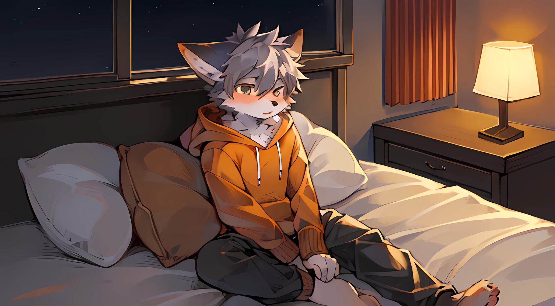 furry, anrtho fox boy, male kemono, gray fur, clothed, orange hoodie, pillows, bedroom, solo, night, teddy bears