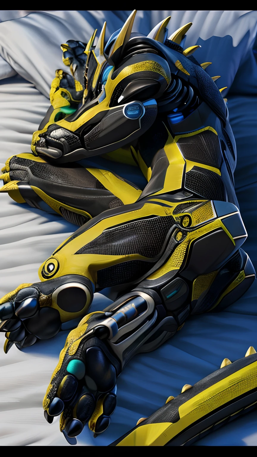 Bionic robot dragon,male,Android,nakeness,Lie down in bed,HD graphics,Detailed and realistic,high detal,high qulity,photo-realistic,photorealistic eye,Detailed paws,Clear eyes,Masterpiece artwork,Five-fingered hands