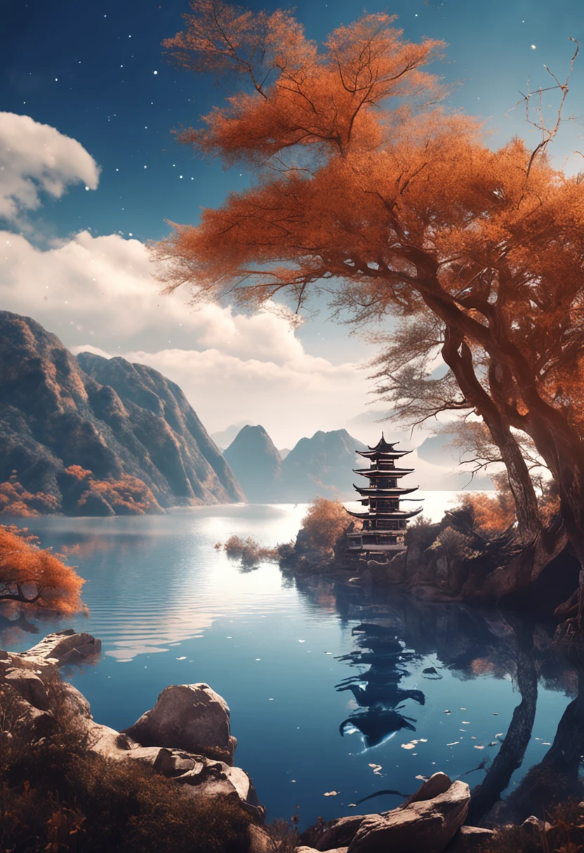 Lakes and mountains、with blue sky and white clouds、Cultivate immortal ancient style、Endless starry sky