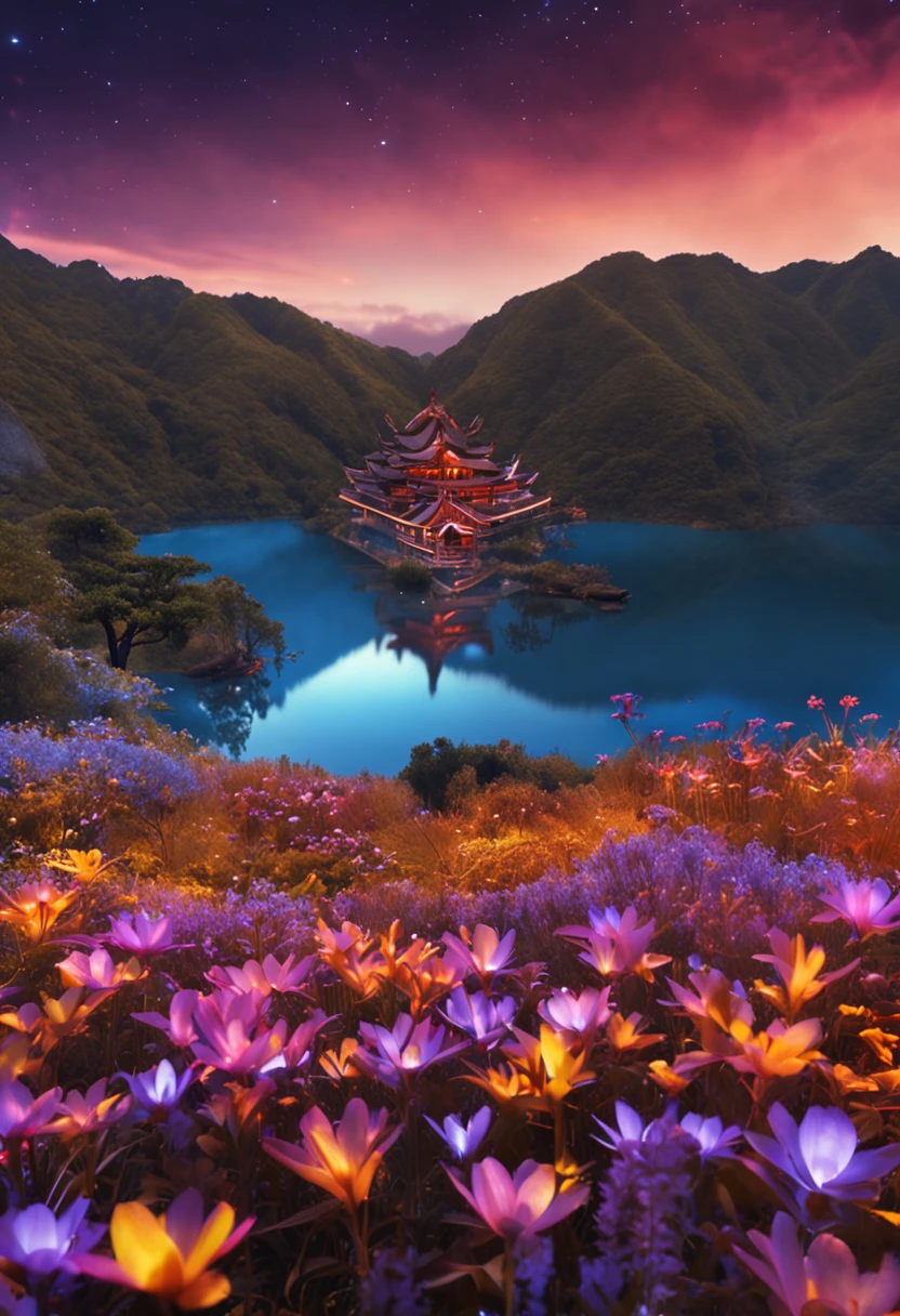 Lakes and mountains、with blue sky and white clouds、Cultivate immortal ancient style、Endless starry sky