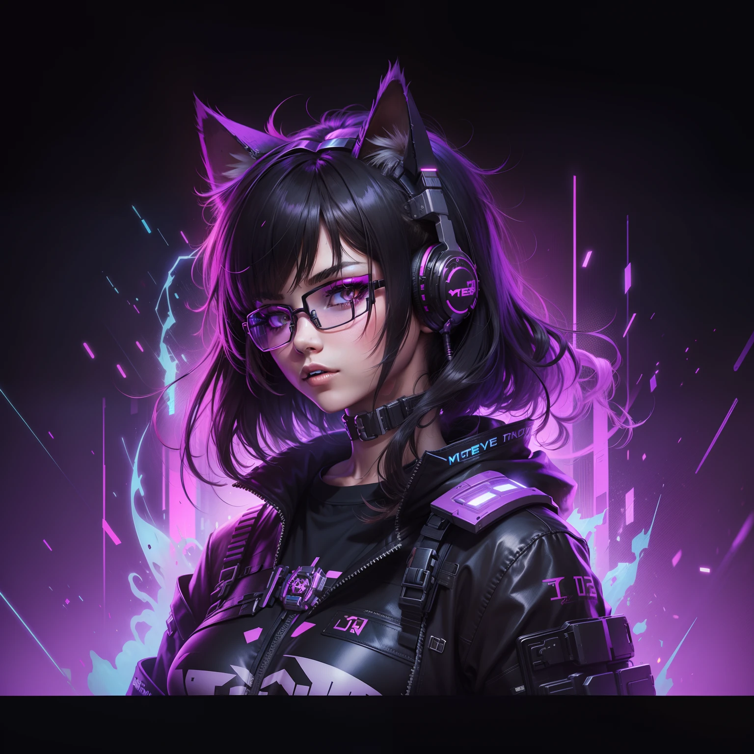 Cyberpunk girl with cat ears gamer with anime style glasses