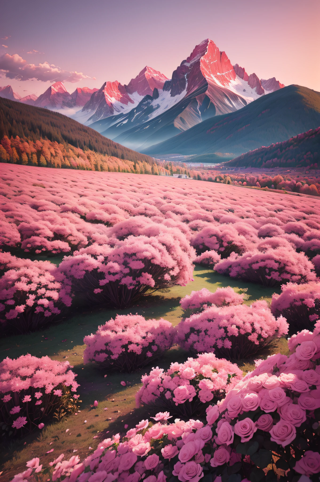 autumnal，Pink clouds，Rose flower，NOWAI，moutains，photo of landscape，Pure scenery，artistation render，Ultra-wide lens，High- sharpness