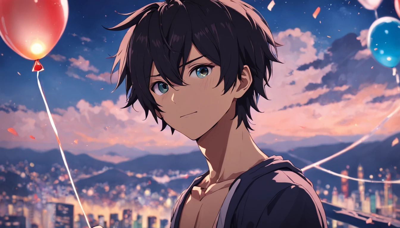 (masutepiece),1boy ,Ayakoji, Cool hair, Beautiful eyes, looking at view, Portrait,Quiet smile ,Party Balloon ,super detailed,Half body details, front