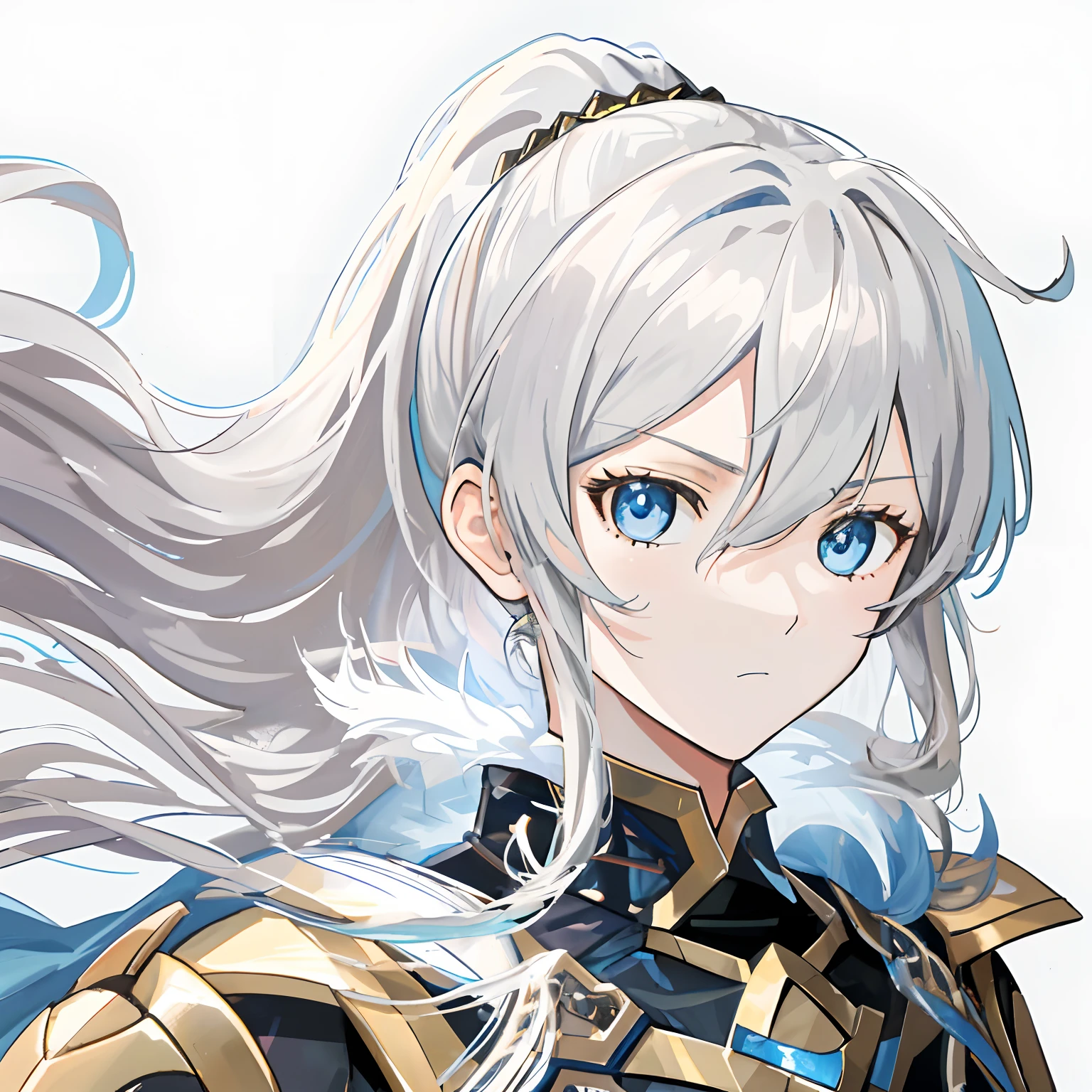 animemanga girl,Human Knight,Human General,grey long hair,With a ponytail,Bangs refer to this picture,Black armor,Blue by Capelet,golden shoulder pads,blue color eyes,look to the front,A reference to this image by the face,The expression of the character is the same as this picture,with a determined look in his eyes,Looks confident and sunny,The character was inspired by this image,Character actions refer to this image,blue backdrop