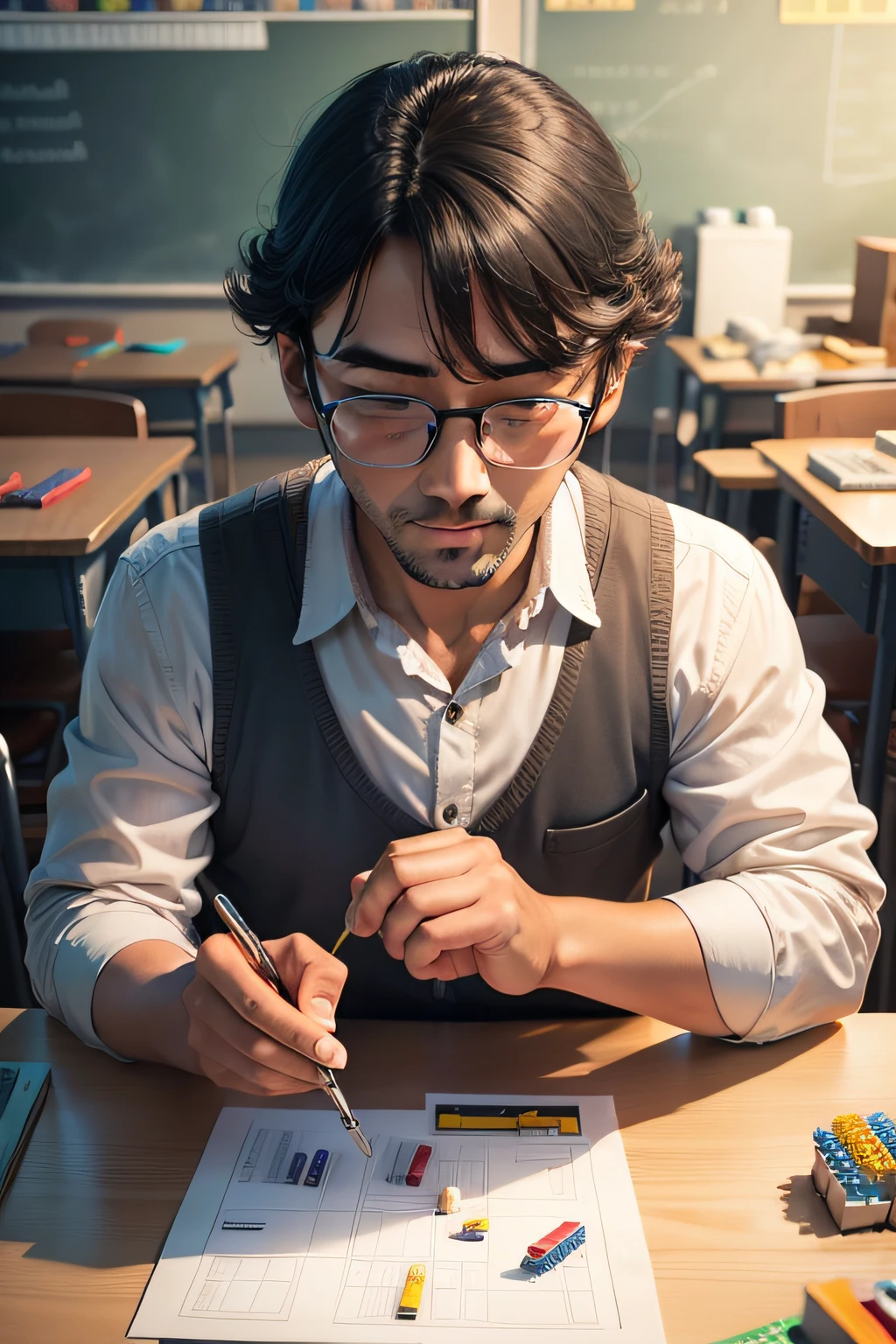 Uncle studying Lego bricks in classroom