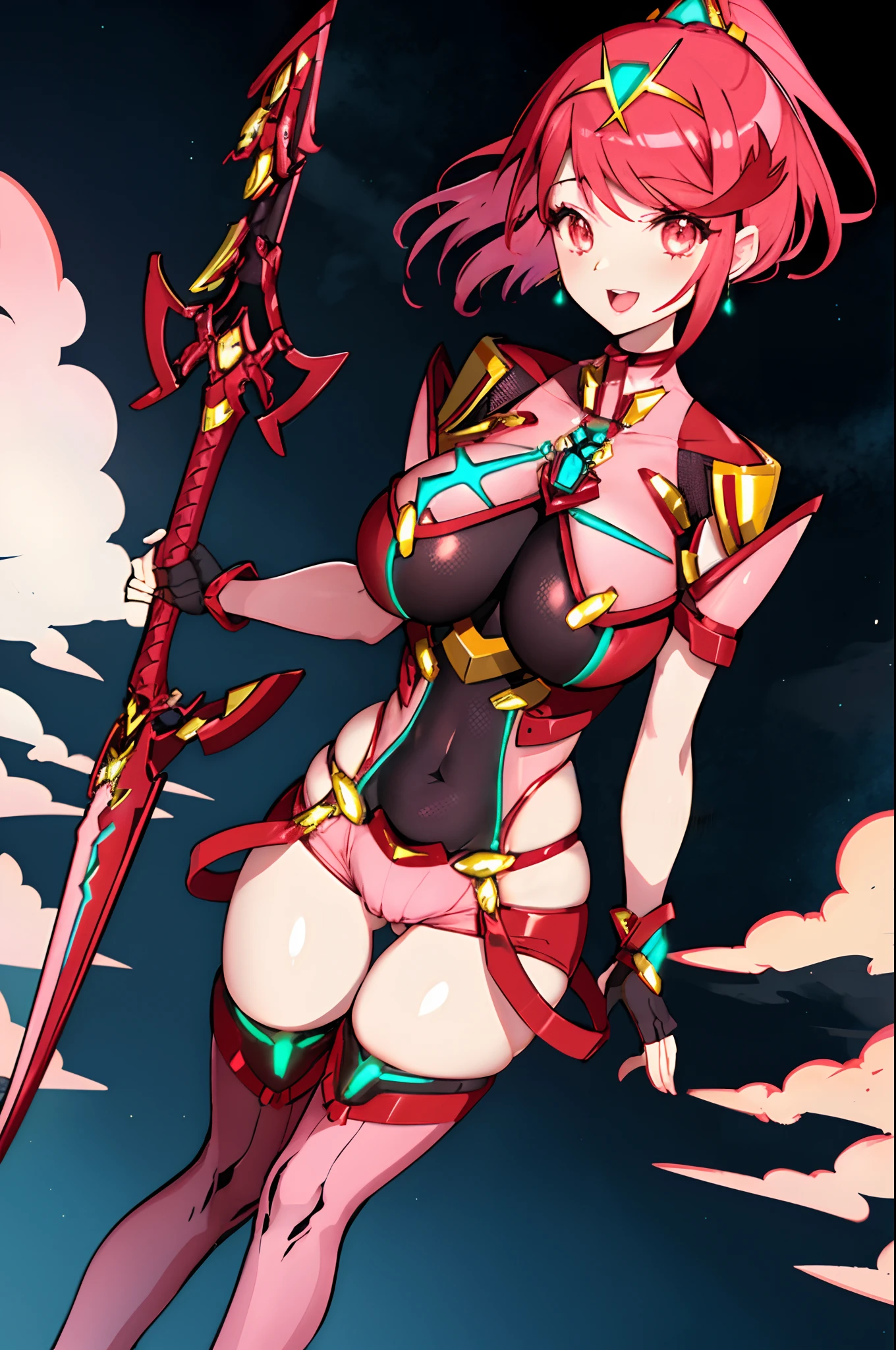 pyra \(xenoblade\), _1girl, loliarmor, bangs, black gloves, breasts, red eyes, light_open_mouth, earrings, eyelashes, fingerless gloves, floating hair, framed breasts, gem, gloves, hair ornament, headpiece, jewelry, big_breasts, leaning back, leotard, neon trim, official art, pose, red hair, red shorts, saitou masatsugu, short hair, short shorts, short sleeves, shorts, sidelocks, skin tight, solo, standing, swept bangs, thighhighs, tiara, night_prairie_background, turtleneck, underbust, vambraces, xenoblade chronicles \(series\), (xenoblade chronicles 2), (spread_legs:1.1), fire_effect,dynamic_pose,fighting,light_smile, (plump:1.4), big_ass,huge_sword, hold_large_sword_hilt, scovered_nipples, (covered_pussy:1.2),cameltoe,back_view, fists,ponytail,plump,beautiful_fingers,(solo:1.1),