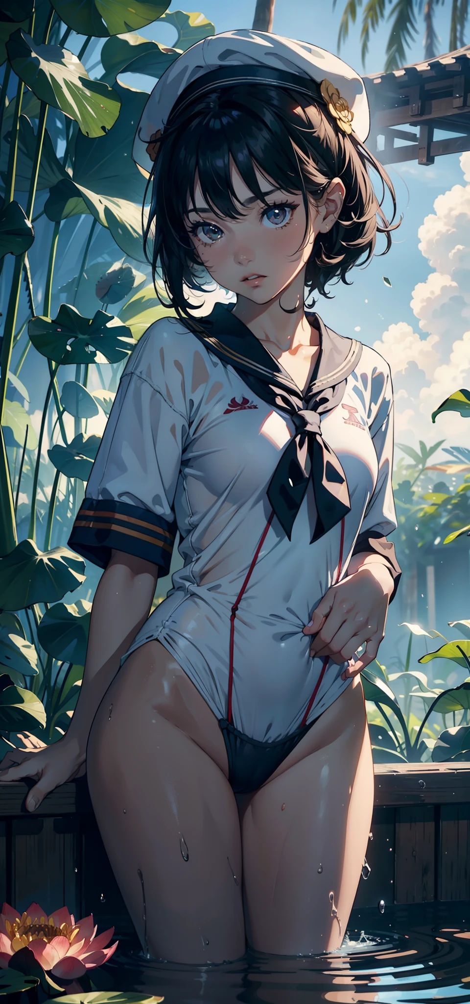 1 female,3 ,bit girl,Small loli,huge-breasted,Pornographic exposure, 独奏,(Background with:bamboo forrest,lotuses,lotus flower,exteriors,Lotus pond) She has short black hair,Qi bangs,Doll head,Station,Sweat profusely,drenched all over the body,,seen from the front, hair straight, mostly cloudy sky,(((tmasterpiece),(Very detailed CG unity 8K wallpaper),best qualtiy,cinmatic lighting,detailed back ground,beatiful detailed eyes,Bright pupils,Black eyes,(Very fine and beautiful),(Beautiful and detailed eye description),ultra - detailed,tmasterpiece,)),facing at camera,A high resolution,ultra - detailed),revealing breasts,Bare genitalia, Bulge,legs are open,Raised sexy,Camel toes,Flushed complexion,Open-mouthed,frontage,elementar cap(Wearing:Sailor uniform,one piece swimsuit,athletic sneakers,nakeness)Full body photo,Show shoes