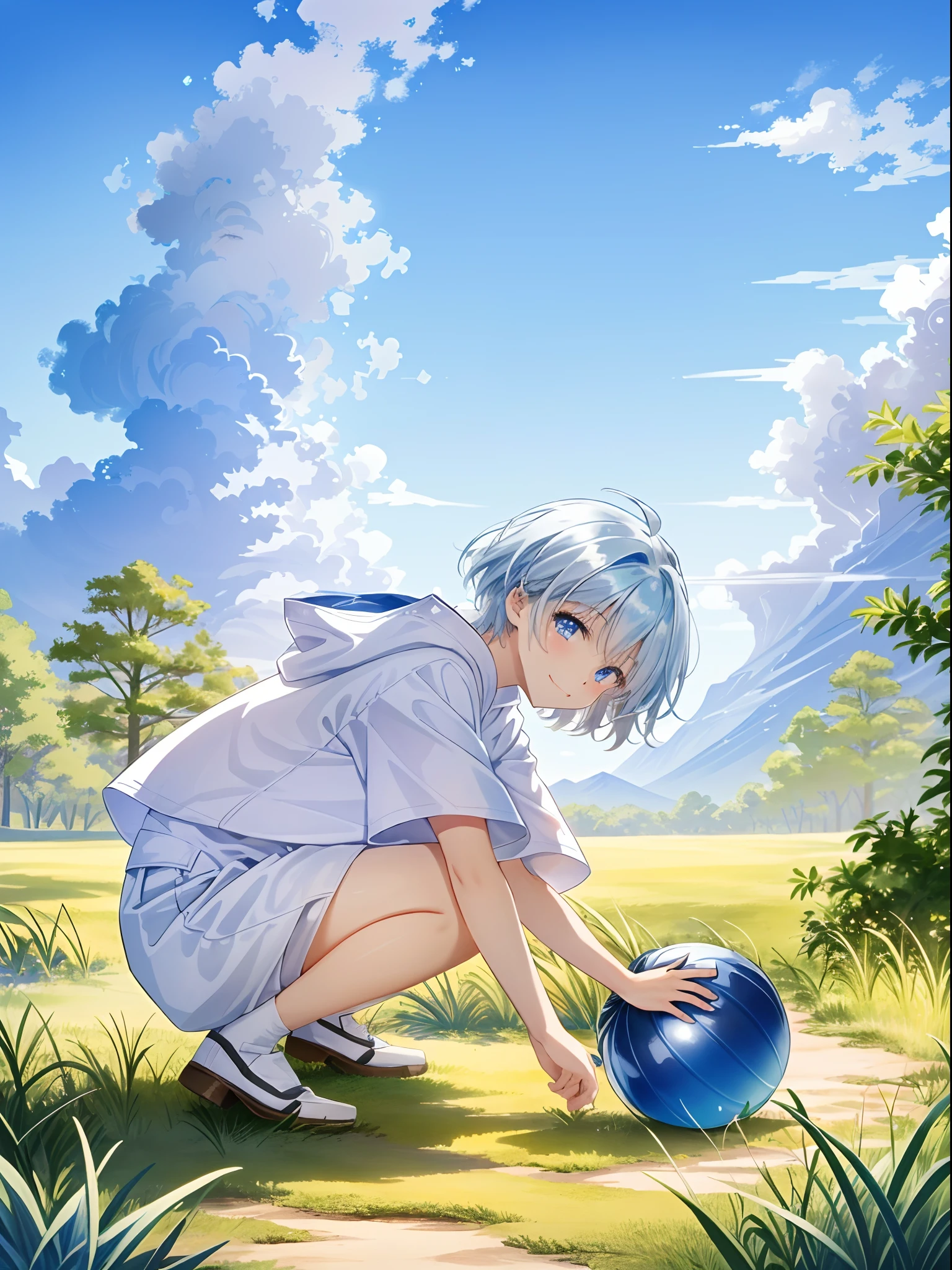 absurderes, hight resolution, (Official art, Beautiful and aesthetic:1.2), best qualtiy、(1womanl:1.8)、(独奏:1.7)、ultra-detailliert,Little Girl,hoods,Blue eyes,White skin,Straight hair,Short hair,kindly smile,Squatting,Crouching,Little Girl,Short hair,White skin,Light blue hair,