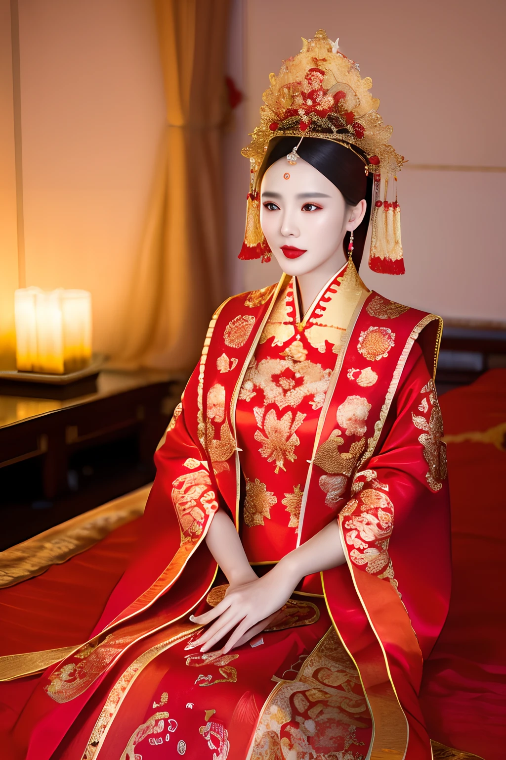 (best quality:1.1) ,(photorealistic:1.1), (photography:1.1), (highly detailed:1.1),
a woman in a red and gold dress with a tiara on her head, hair stick,(sitting on red bed),blush,shy,black_hair, crown,looking down, (2 red candles), chinese_clothes, curtains, earrings, hair_ornament, hanfu, indoors, jewelry,   long_sleeves, red dress, red lips, tassel, (Red quilt),(red palace:1.2),