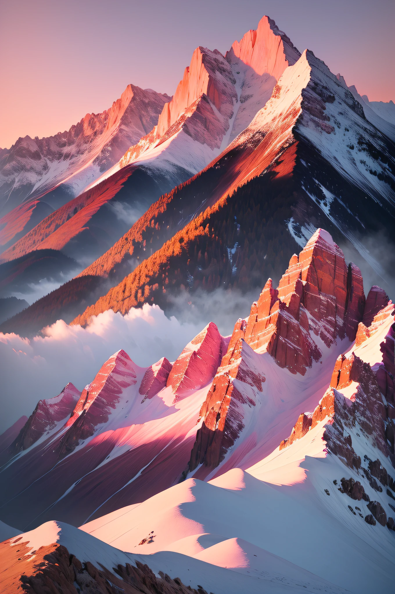 autumnal,Pink clouds,Rose flower,NOWAI,moutains,photo of landscape,Pure scenery,artistation render,Ultra-wide lens,High- sharpness