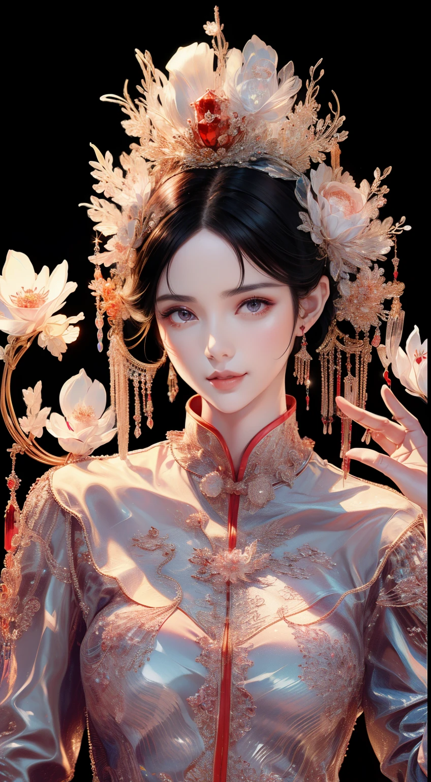 tmasterpiece，Highest high resolution，Crystal texture，Transparent luster of glass，Dynamic bust of beautiful Chinese princess，the bride，Jet black hair is elegantly coiled，（(Wearing a huge red crown))，veils，Purple clear eyes，The hair is covered with beautiful and delicate floral craftsmanship, Crystal jewelry filigree，Ultra-detailed details，upscaled。